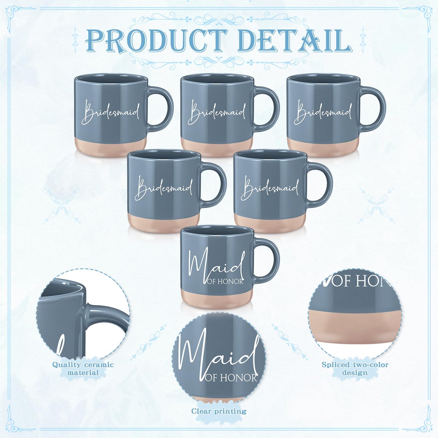 Didaey 42 Pcs 6 Sets Bridesmaid Proposal Gifts, Wedding Favors for Bridesmaids & Maid of Honor Ceramic Coffee Mugs Makeup Bags Invited Cards Scrunchies Bracelets Jewelry Bags Hair Clips(Blue)
