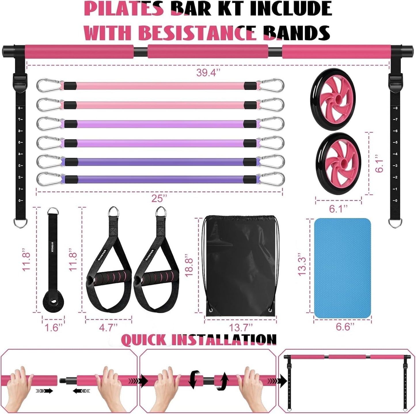 Pilates Bar Kit with Resistance Bands, Olodeer Pilates Reformer Exercise Bar with Ab Roller at Home Workout Equipment, Pilates Bar Set for Full Body Training Women & Men
