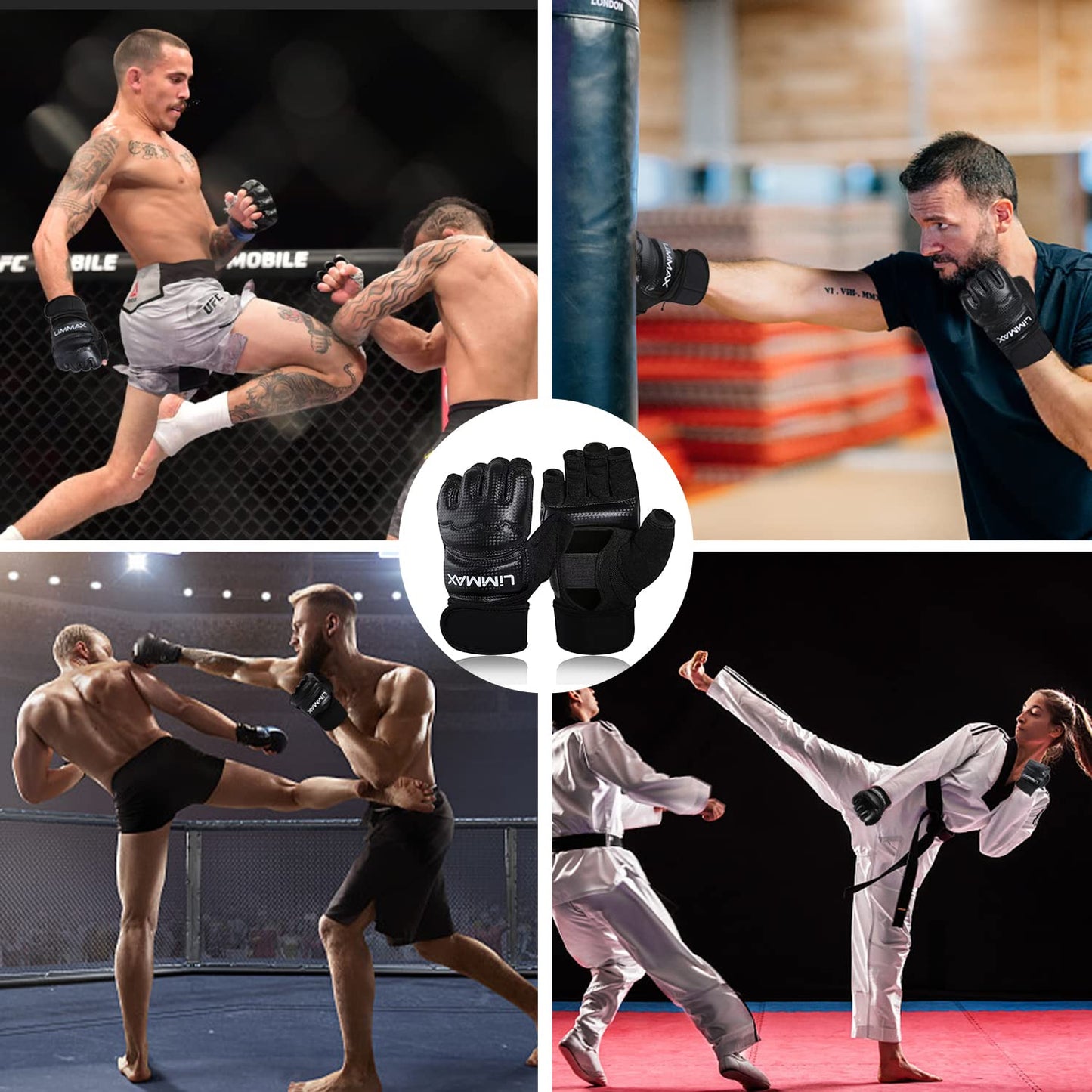 LiMMAX Kickboxing Sparring Gloves MMA Gloves for Men Women Half Finger Boxing Gloves Fighting Gloves Boxing Gloves for Punching Bag Training Gloves for Men Women Black M