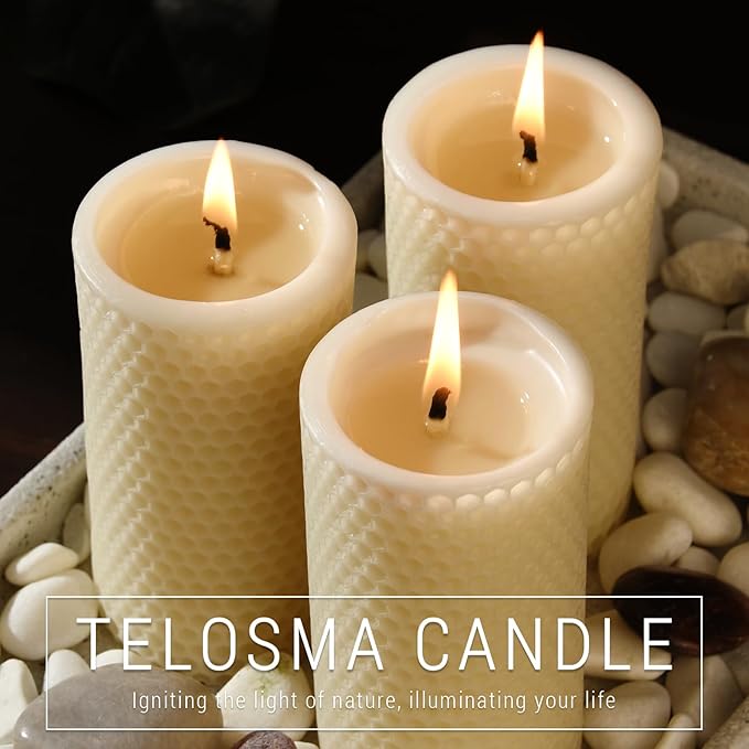 Pure Natural Beeswax Pillar Candles - Pack of 3 - Honeycomb Surface, No Scent- for Emergency/Prayer/Relax (2inch Diameter, 4 inch Tall - Off White)