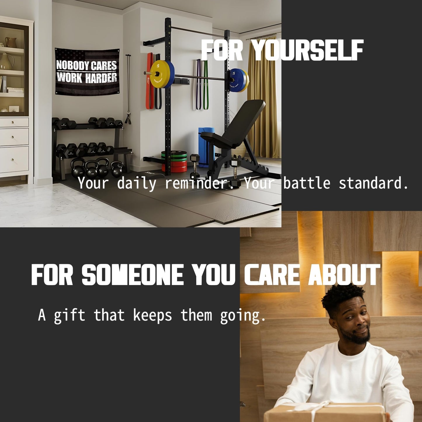Lyeedoom NOBODY CARES WORK HARDER Motivational Gym Banner - Fitness Wall Art for Home Gym & Office - Workout Encouragement Tapestry with Inspirational Quote for Exercise Room and Dorm Decor