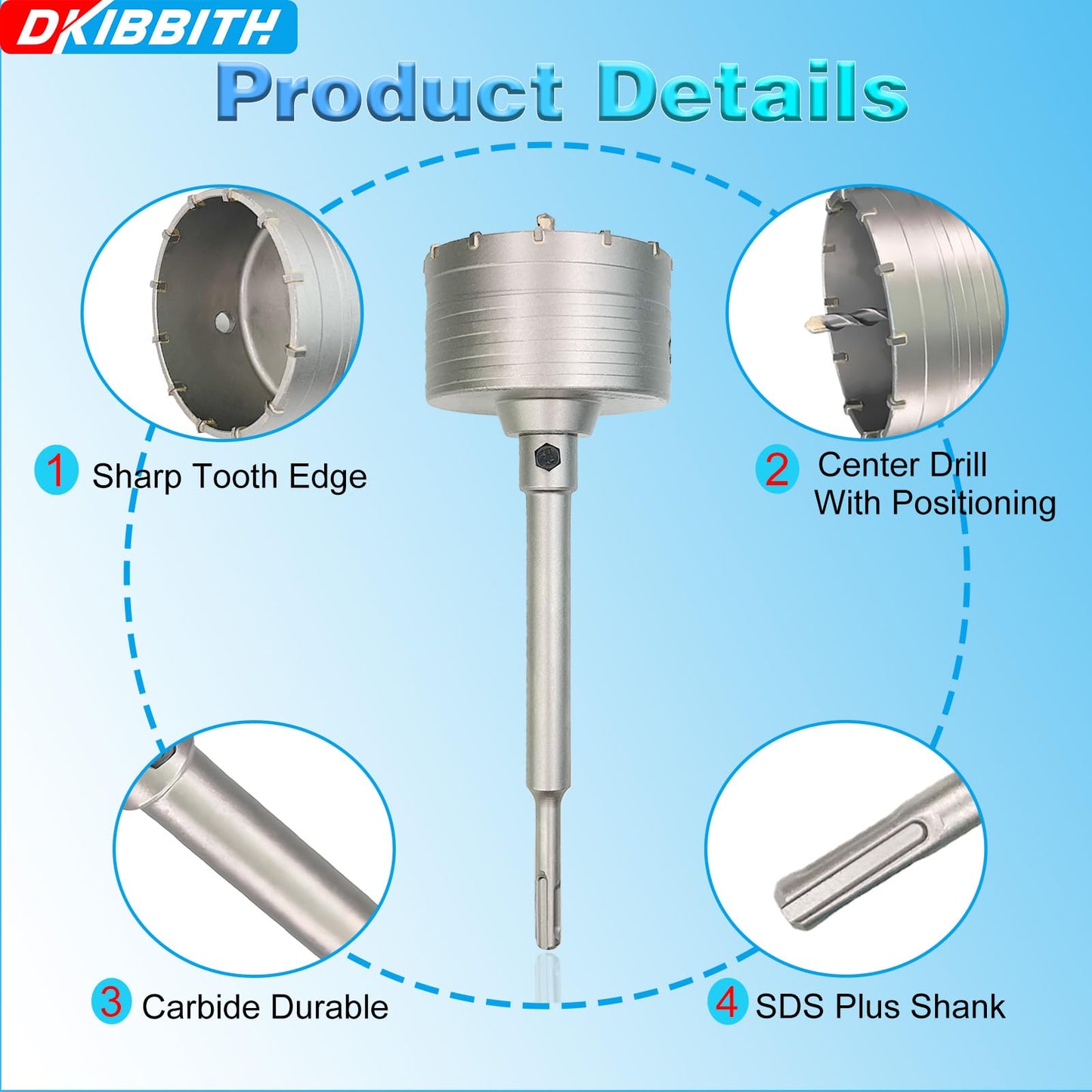 2" Concrete Hole Saw, 50mm Tungsten Steel Core Bit for Cinder Block, Brick, Rock, Plank Walls for Pipes or mini Split Lines, with SDS Plus Shank and 2 Center Positioning Drill Bits.