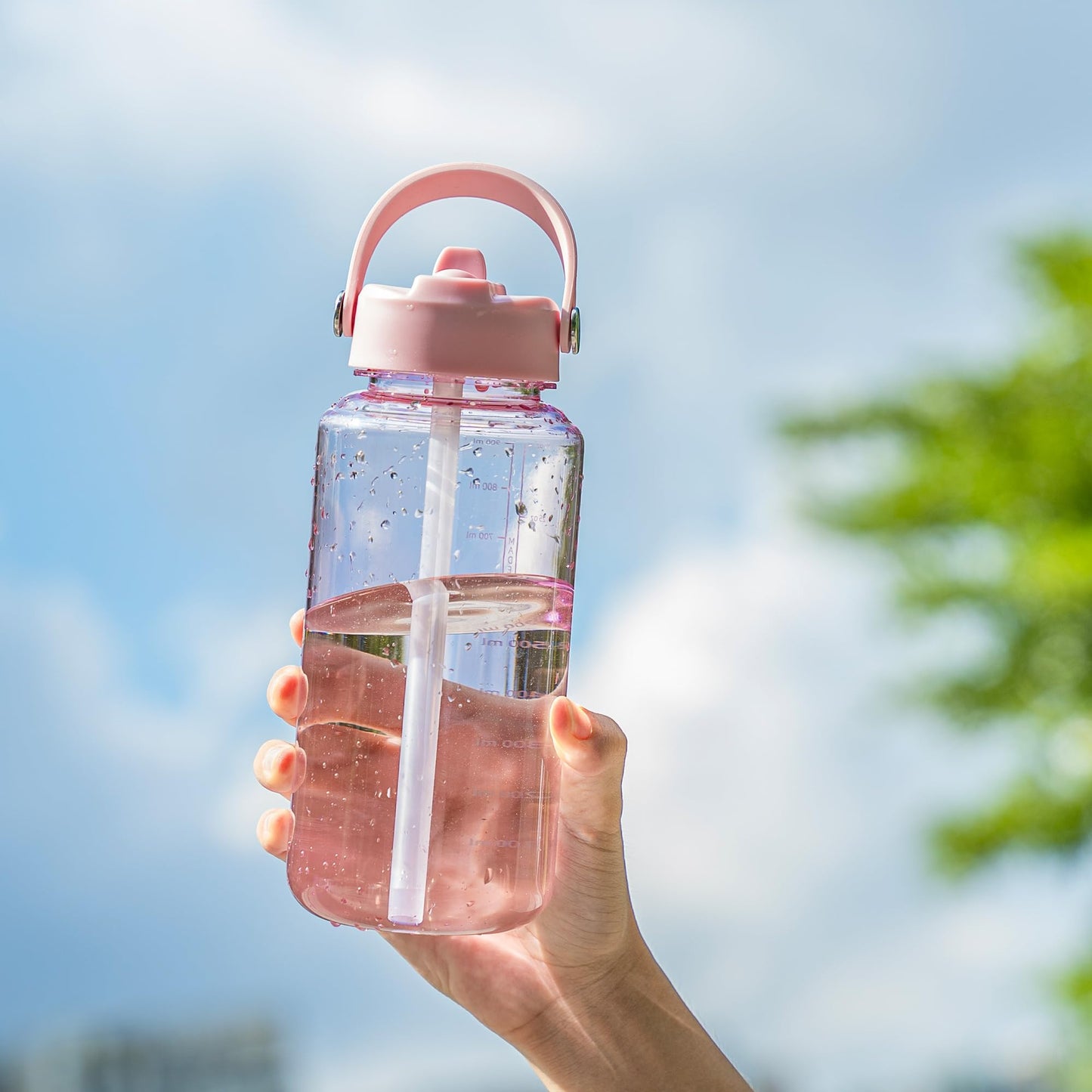 OLDLEY 32 oz Clear Water Bottle with Straw,Tritan BPA-Free, Wide Mouth, Leak Proof - for Gym, Travel, Home, School, Office (Pink)