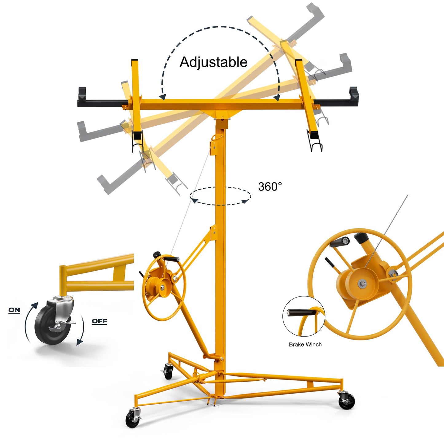 16FT Drywall Lifter Sheetrock Lift, 150 Lbs Capacity Heavy Duty Drywall Lift Panel with 3 Lockable Wheels & 360° Adjustable Telescopic Arm, Drywall Jack Lift for Home Improvement, Yellow