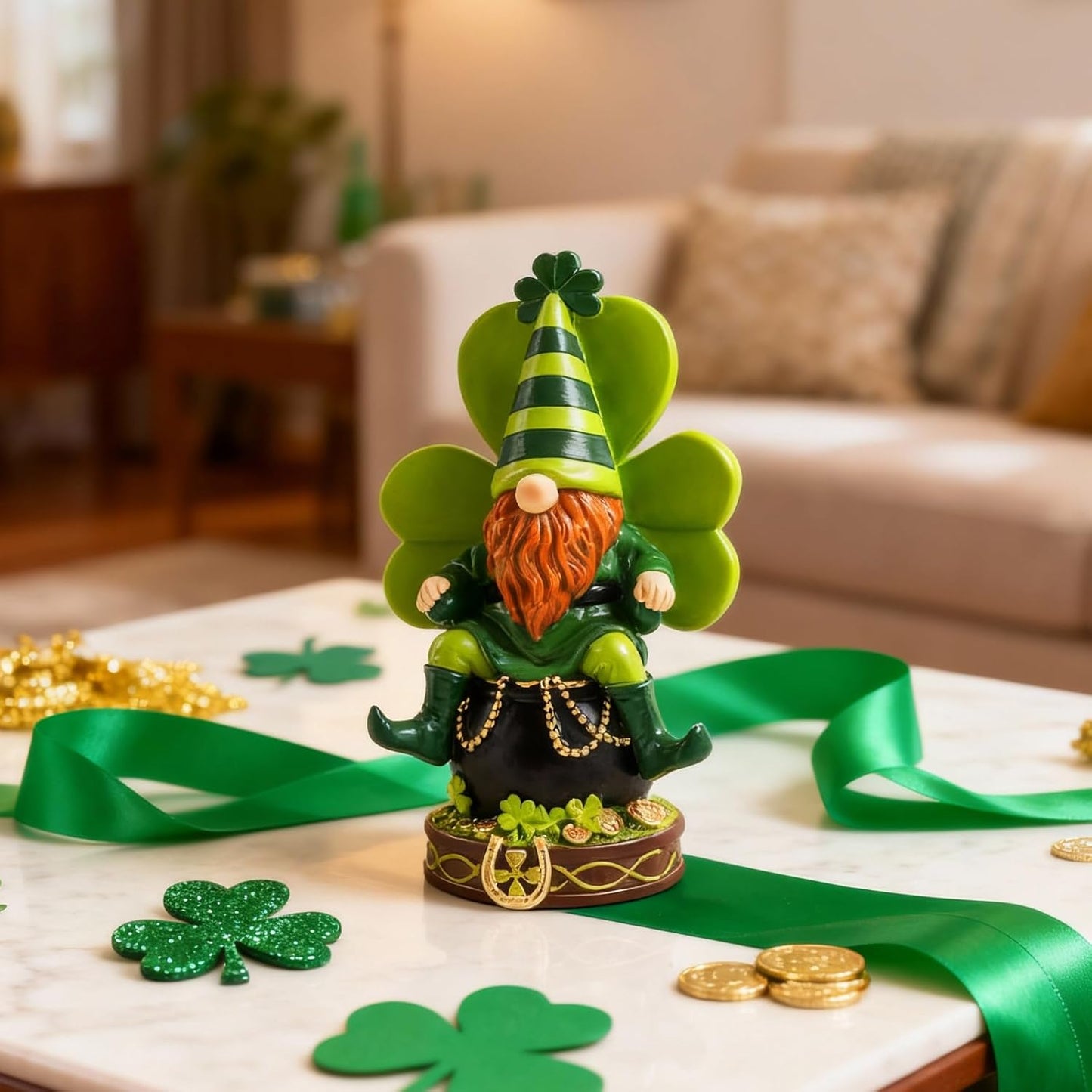 Skiennix St. Patrick's Day Gnomes - Resin Leprechaun Pot of Gold Figurines | Green Indoor Decor