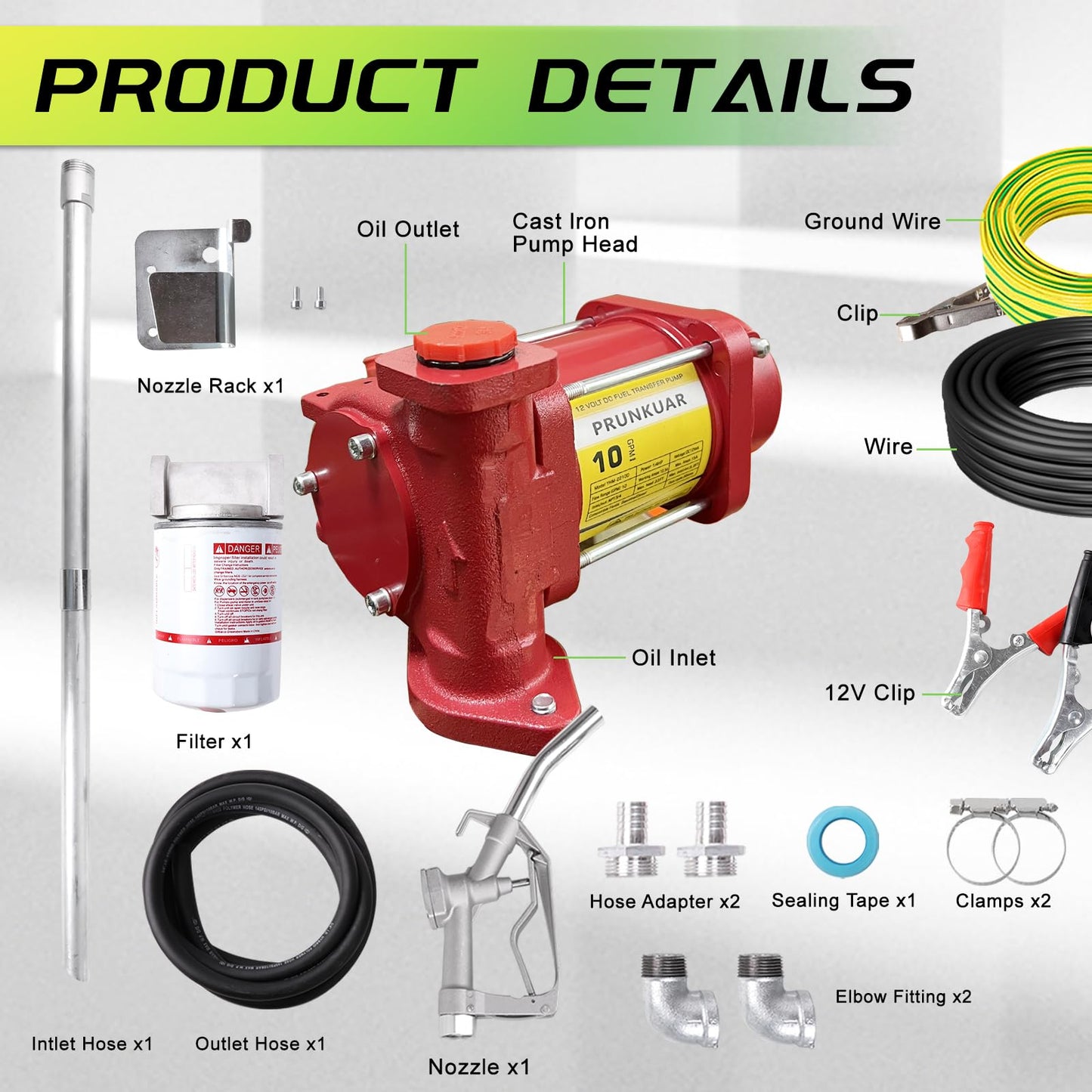 PRUNkuar 10GPM 12V Fuel Transfer Pump with Manual Nozzle, Particulate Filter，Cast Iron Heavy Duty for Gasoline Diesel Kerosene Biodiesel