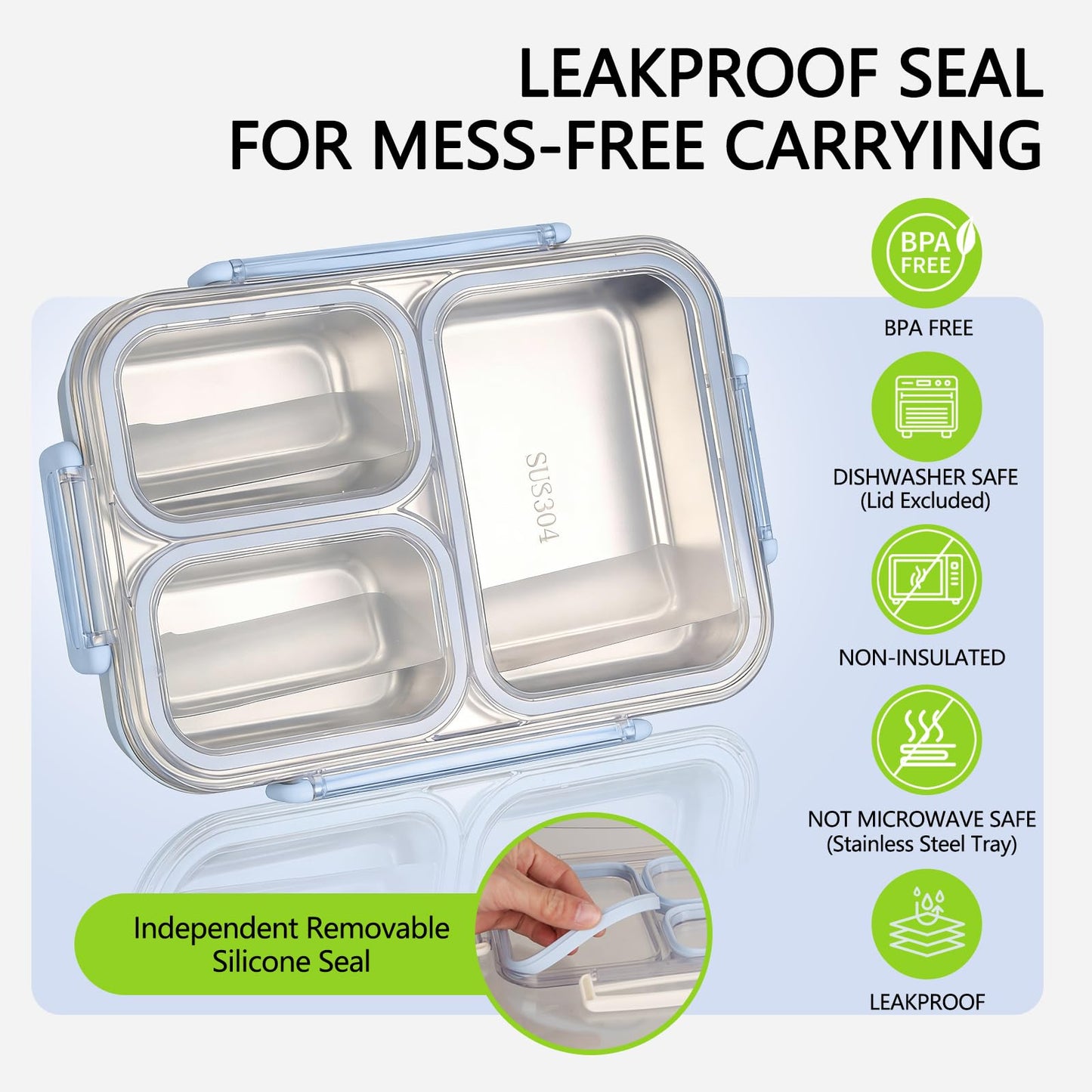 PTYTIFY Stainless Steel Bento Box, 3 Compartments Leakproof Stainless Steel Snack Containers, 25 oz Premium 304 Metal Lunch Box for Adults, BPA-Free, Dishwasher Safe (Blue)