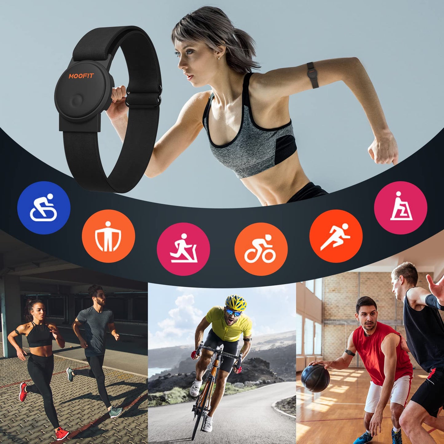 moofit Heart Rate Monitor Armband, IP67 Waterproof, Support Bluetooth/ANT+, Rechargeable Optical Heart Rate Sensor Bracelet Works with Wahoo, Strava, Elite HRV