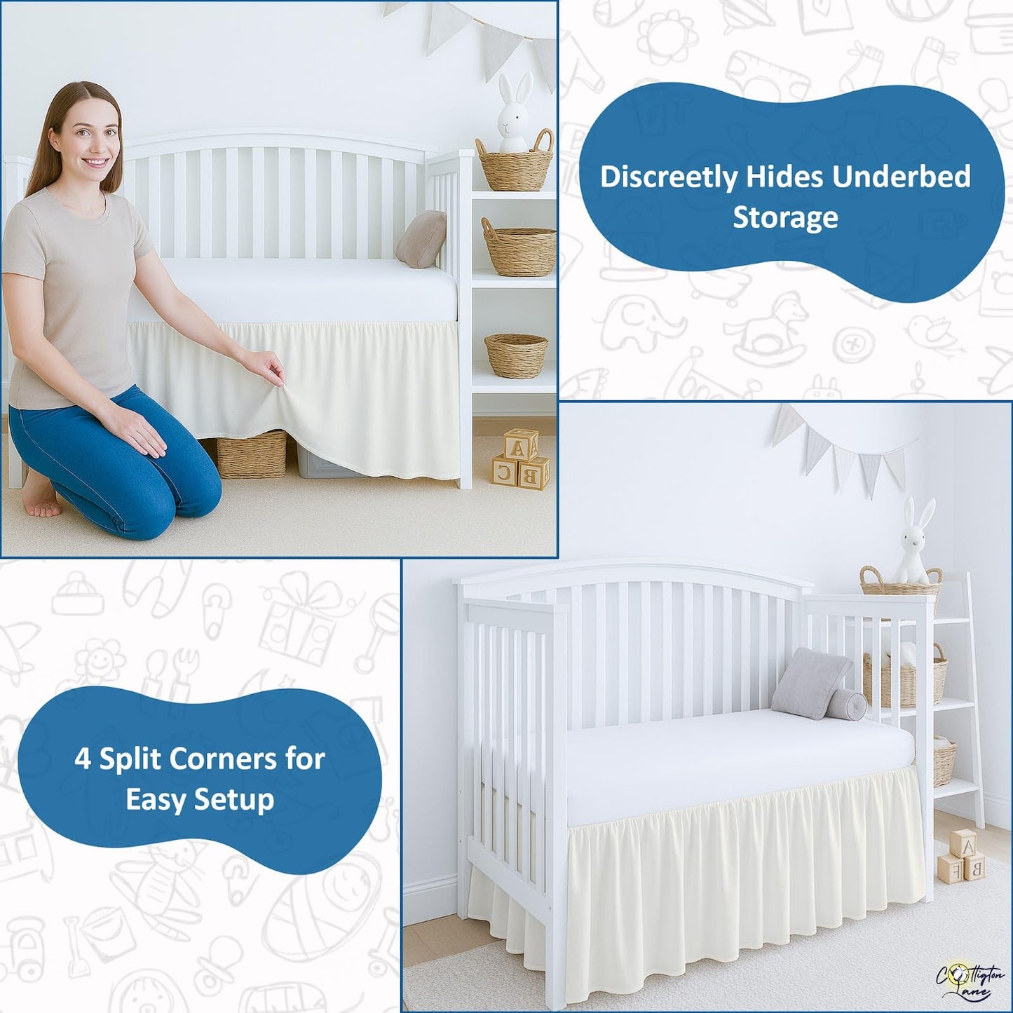 Cottington Lane Ivory Crib Skirt Dust Ruffle, Soft & Durable Nursery Crib Toddler Bedding Skirt for Baby Girls or Boys, Fits Standard Cribs 28" x 52" with 14" Drop, Classic Ruffled Design