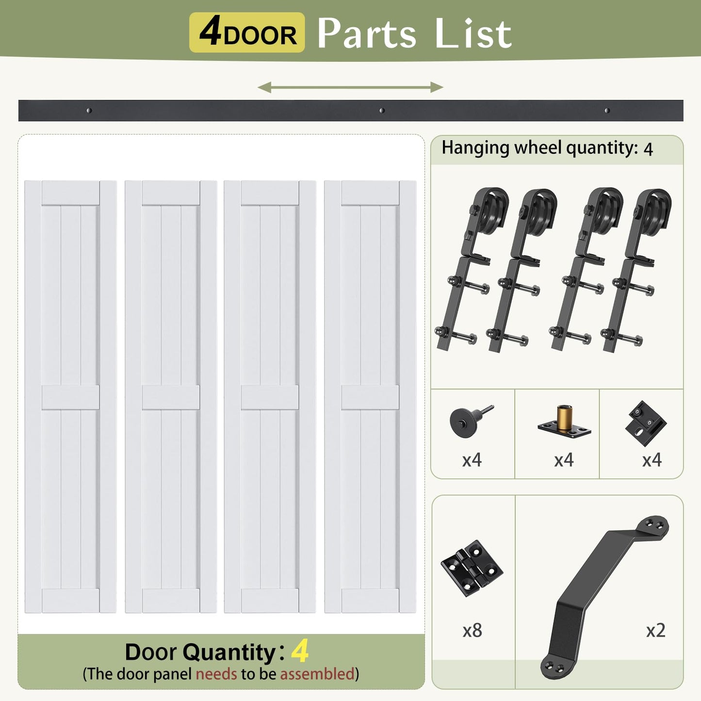 Finosen Bifold Barn Door 72 x 84 in (Four 18x84 Inch),Bi-fold Sliding Closet Doors with Hardware Track kit Included 6.6ft Rail for 4 Doors and Track Connector,Save Space,DIY Assembly.