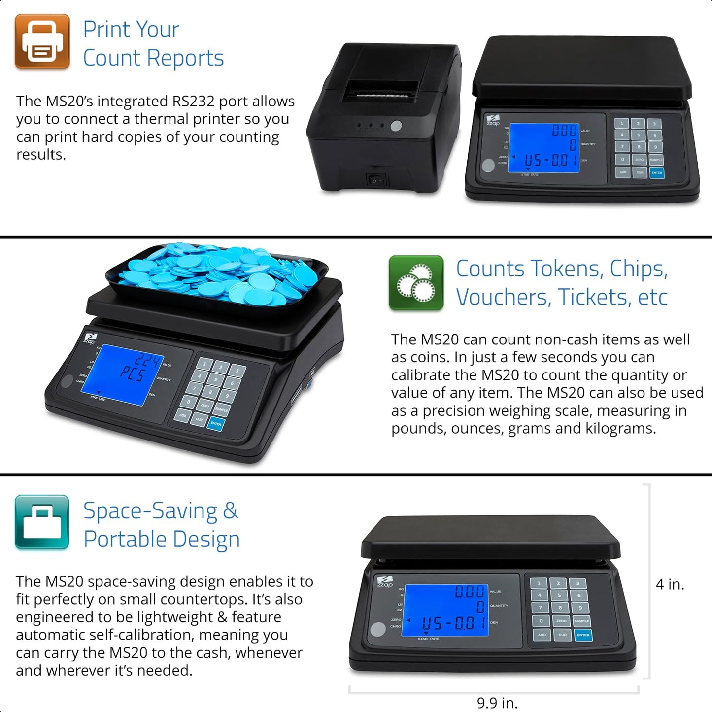 ZZap MS20 Coin Counting Scale - Money Cash Currency Weighing Machine