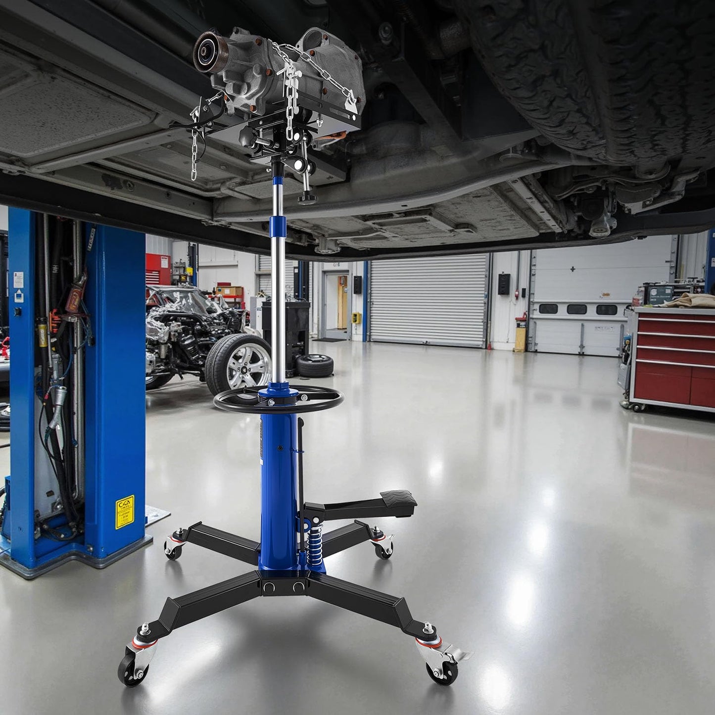 VEVOR Hydraulic Transmission Jack, 1660 lbs Capacity Hydraulic Telescopic Transmission Jack, 34.6-69.3 in High Lifting Height, 2-Stage Floor Jack Stand with Foot Pedal, 360° Swivel Wheel, Blue