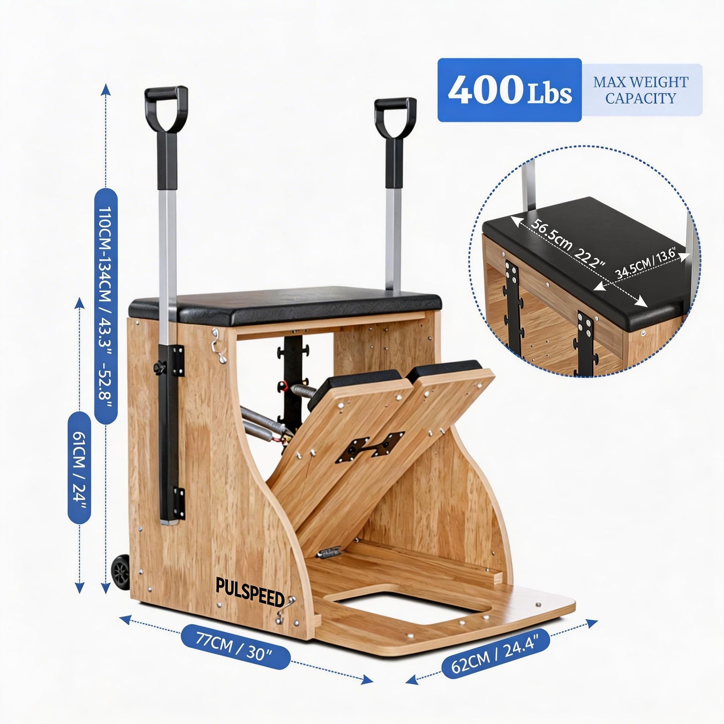 Pilates Chair Wunda Chair Pilates Combo Chair with Handles Split Pedals Reformer Machine for Yoga Core Training Rehabilitation Includes Non-Slip Socks (Wood Panel Bracket)