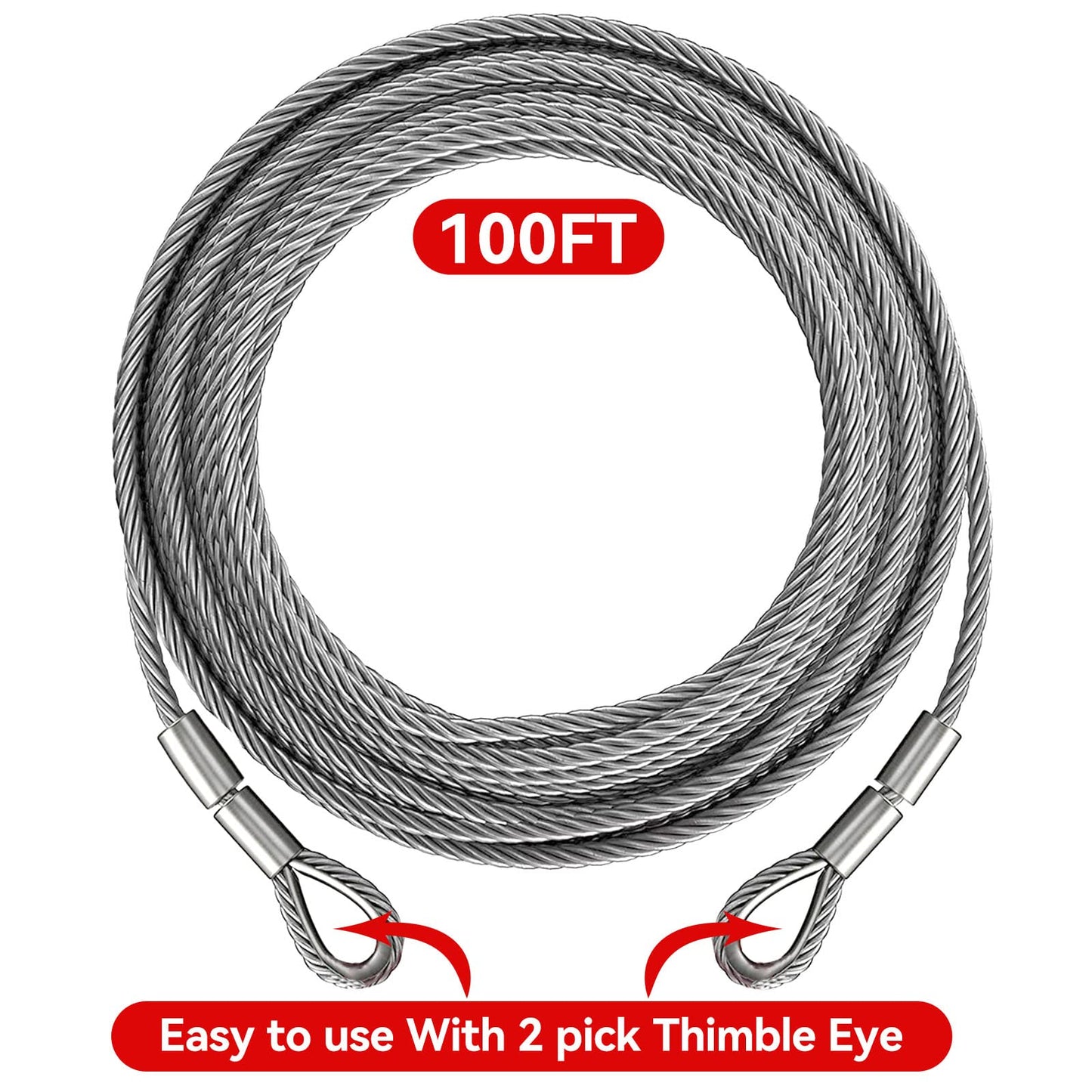 Winch Cable,Towing Cable Heavy Duty,with 2 Pick 3/8" U-clamp Slide Hooks,3/8 inch 7x19 Stranded Construction,13980 lbs Breaking Strength 100 Feet