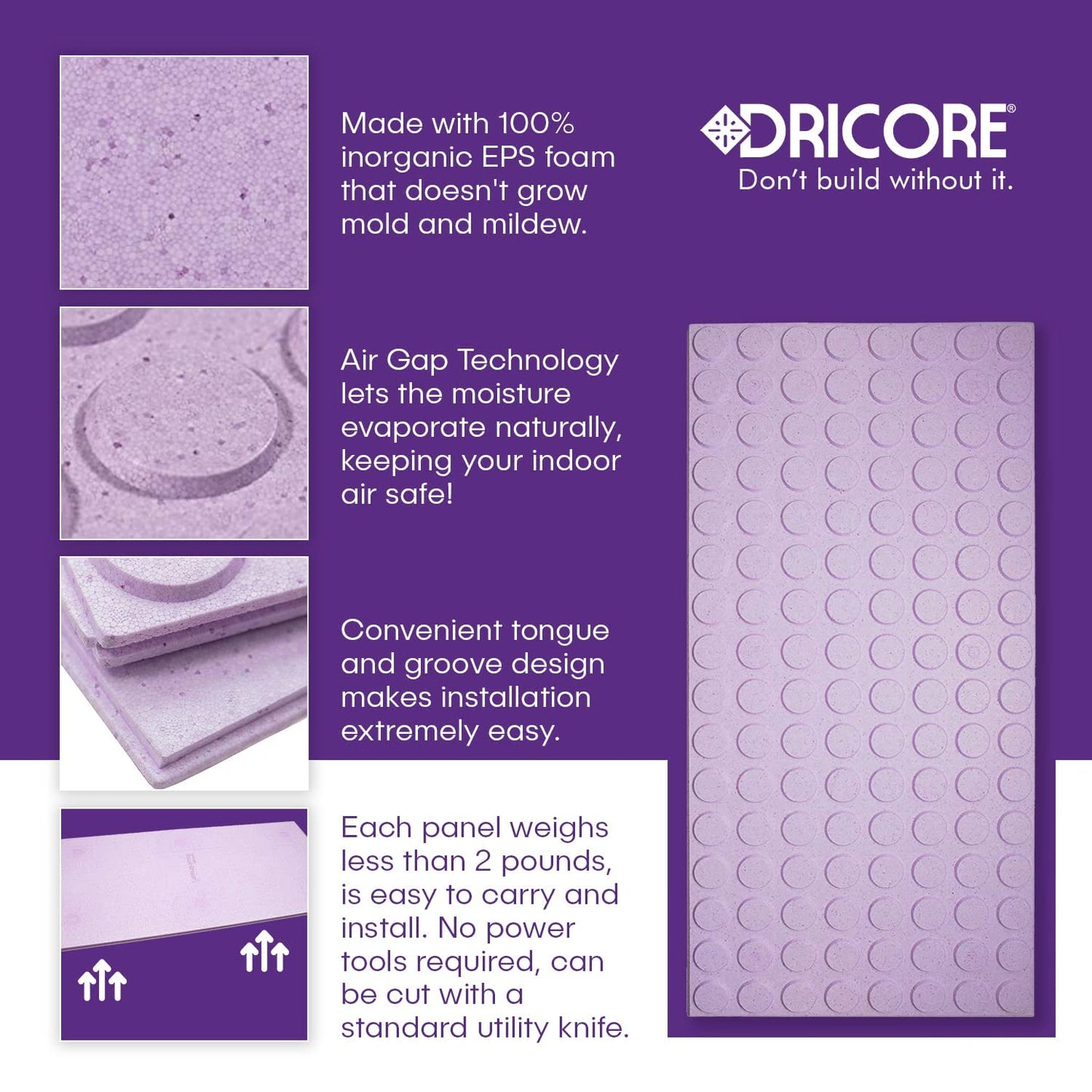 DRICORE Insul-Armor Premium Subfloor with Air Gap Technology, Helps Protect Water Leaks, Warmer & Soft Finished Floors 23 ¼" x 47 ¼" x 1" Covers 76 Sq. Feet (Bundle of 10)