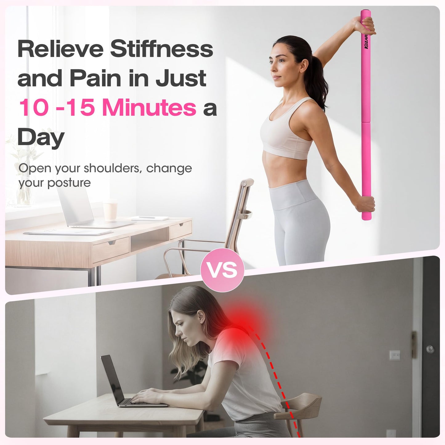 Yoga Stick, 58 Inch Mobility Stick with 3 Adjustable Lengths. Threaded Stable Alloy Steel Exercise Equipment for Stretching, Fitness, Posture Correction & Therapy - For Women & Kids at Home