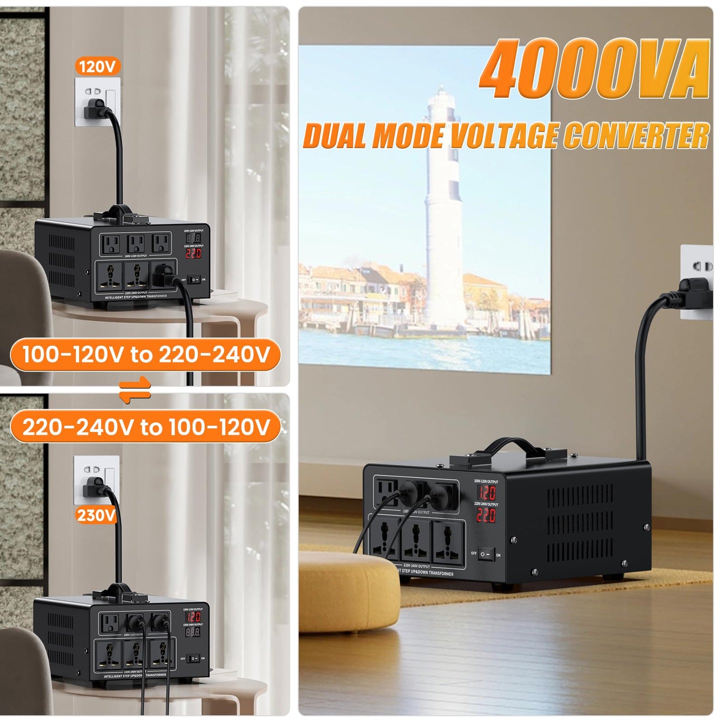 8000W Voltage Converter Transformer Step Up 110V/120V to220V/240V or Step Down 220V to 110V AC Power Converte, Circuit Breaker Protection, 3 US sockets, 3 Universal sockets, LCD Display