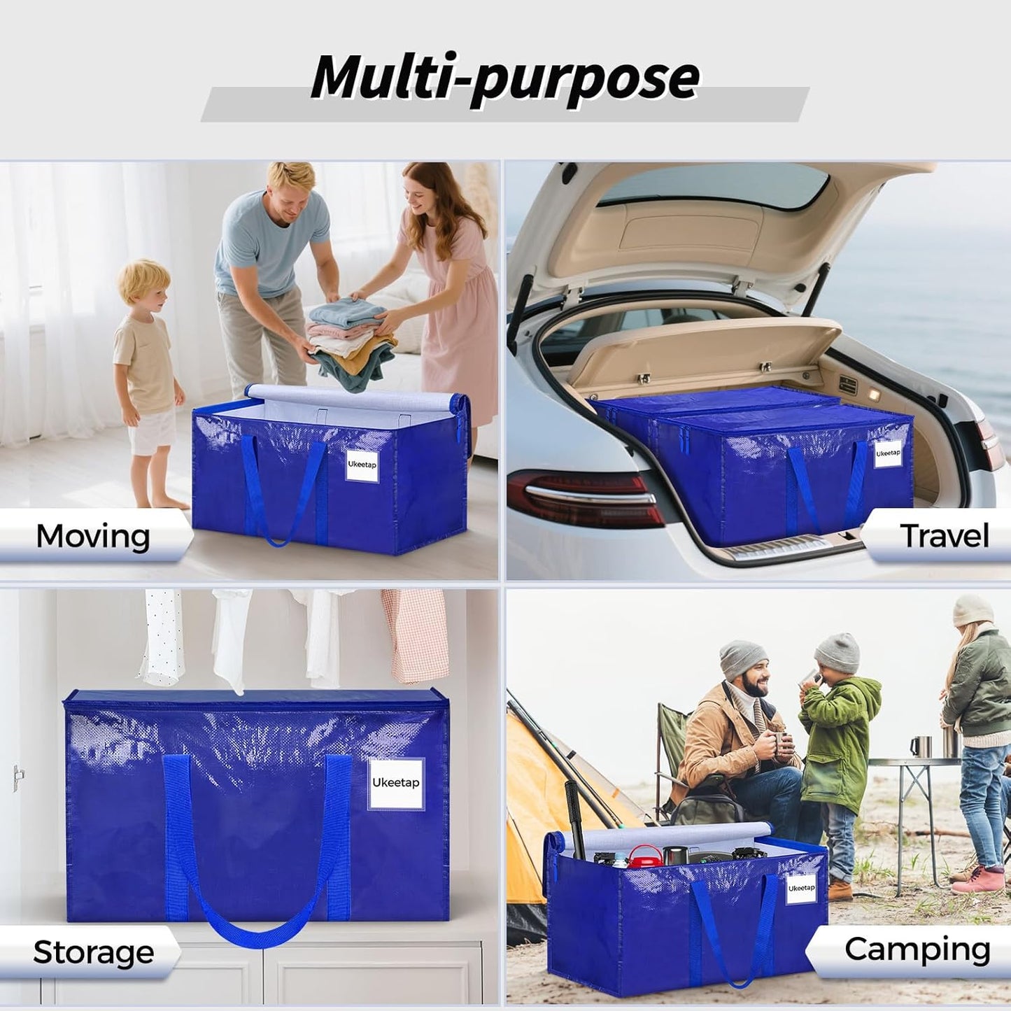 Skiennix Extra Large Heavy-Duty Moving Bags - 8 Pack with Reinforced Handles & Zippers | Blue Storage Totes for Clothes & College Supplies