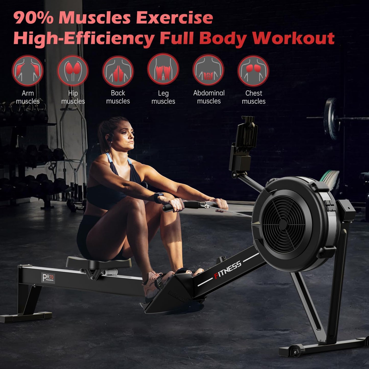 PASYOU Air Rowing Machine for Home,10-Level Resistance 350lbs Rower Machine,Foldable Row Machines Commercial with 54in Rail and Bluetooth Backlit Monitor, Adjustable Tablet Holder PR70