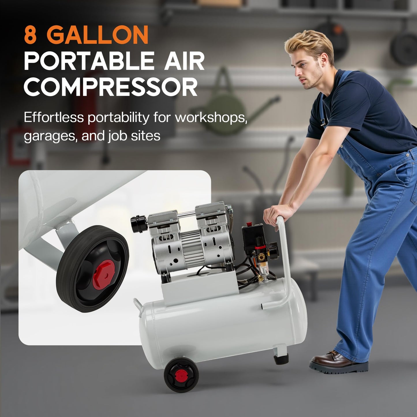 Albott 8 Gallon Air Compressor with Automatic Drain Valve, 1.0 HP Oil-Free Air Compressor Tank with Wheels, 70 dB Noise Level, Fit for Auto Repair, Tire Inflation, Spray Painting