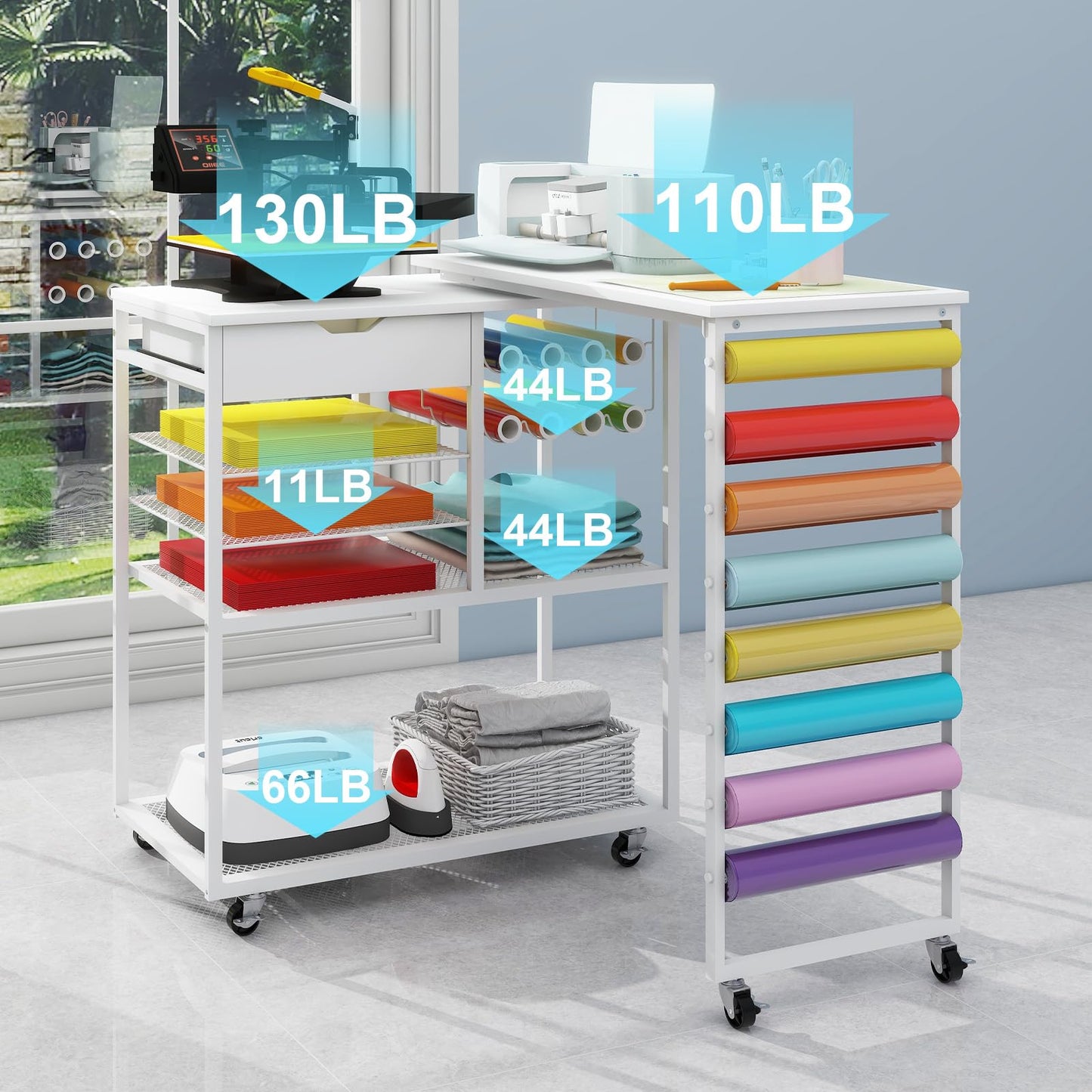 PUNCIA Heat Press Stand with 360°Rotating Craft Cart Table Compatible with Cricut Machine Rolling Organization and Storage with Vinyl Roll Holder Crafting Workstation for Craft Room Home Office