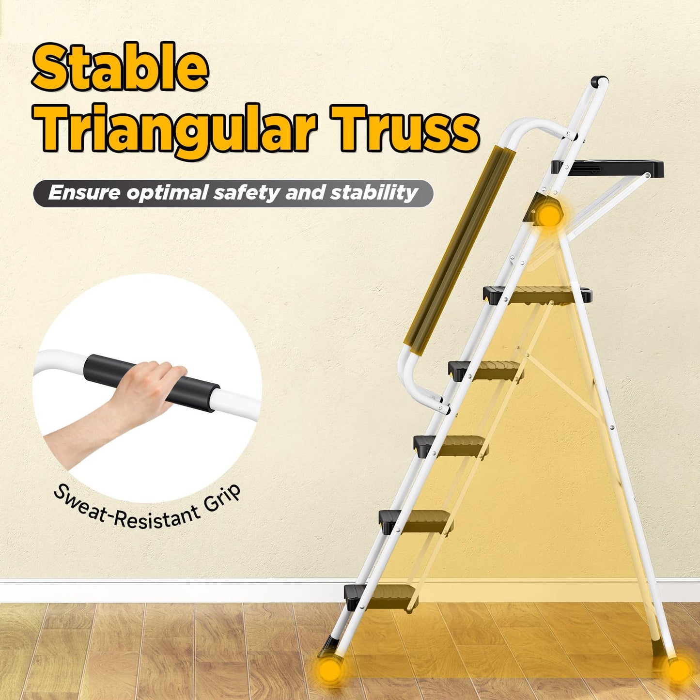 Urackify 5 Step Ladder with Tool Tray, Folding Steel Step Stool with Safety Lock, Anti-Slip Wide Pedals, Large Load Capacity, Handrail, Heavy Duty Ladder for Multi-Purpose, Indoor, Office