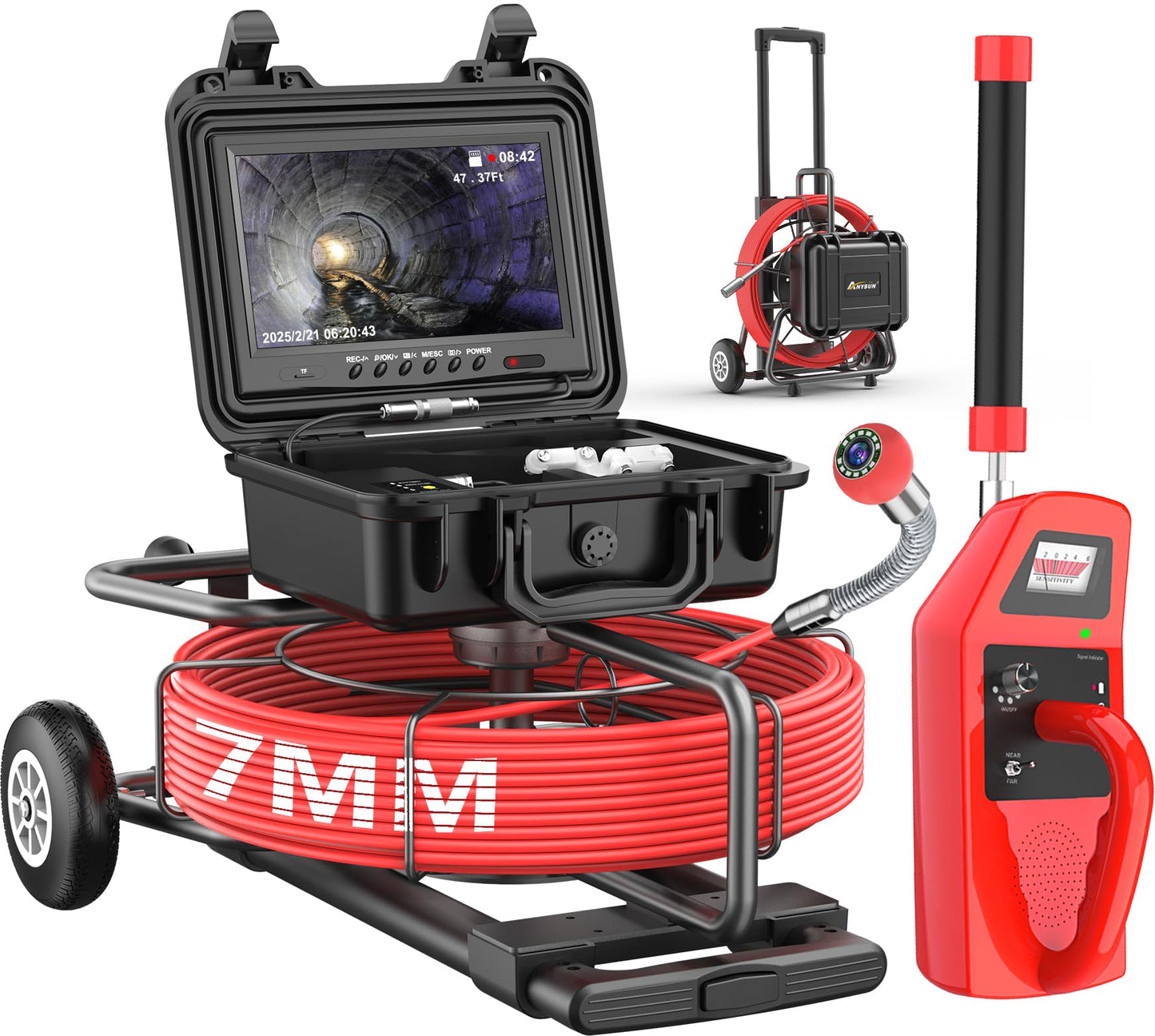 Anysun All in 1 Sewer Camera with Locator & Wheels & Pull Handle, 7MM Cable, Self Leveling, Distance Counter, 32GB Card, 9'' HD Monitor, Pipe Drain Inspection Camera IP68 Borescope (300FT/91.5M)
