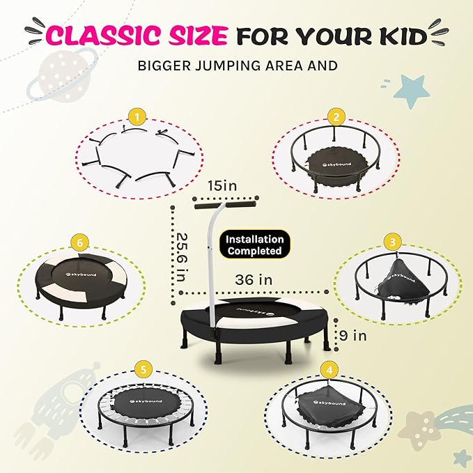 SkyBound 36 Inch Indoor Trampoline for Kids - Kids Trampoline Indoor with Handle - Toddler Trampoline with Upgraded 2.0mm Steel Pipe and Handlebar - Mini Indoor Trampoline for Kids Age 3 and Above