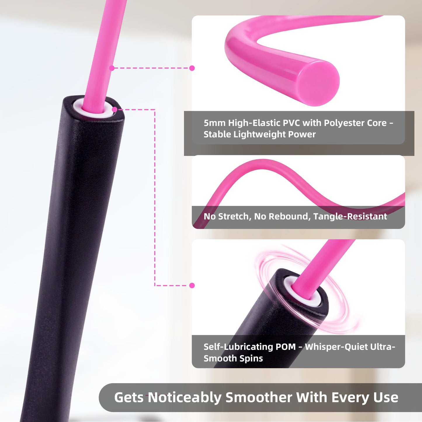 YUEDONG 5mm Adjustable Weighted Jump Rope Inspired by Canton Tower Curve - Elegant Matte Long Handles with Four-Sided Anti-Slip Design, Self-Lubricating POM for Smooth Silent Cardio Fat Burning Workout Women Fitness Weight Loss Portable with Carry Bag (1,