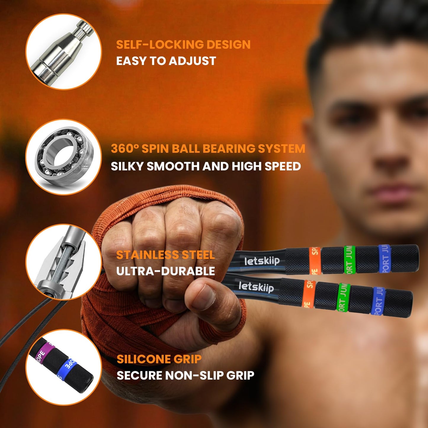 Letskiip Speed Jump Rope for CrossFit & Boxing - Secure Self-Locking Adjustable Skipping Rope for Men & Women - Anti-Slip Aluminum Handles & Smooth Ball Bearings for Double Unders, HIIT, Home Gym (2 Cables Included)