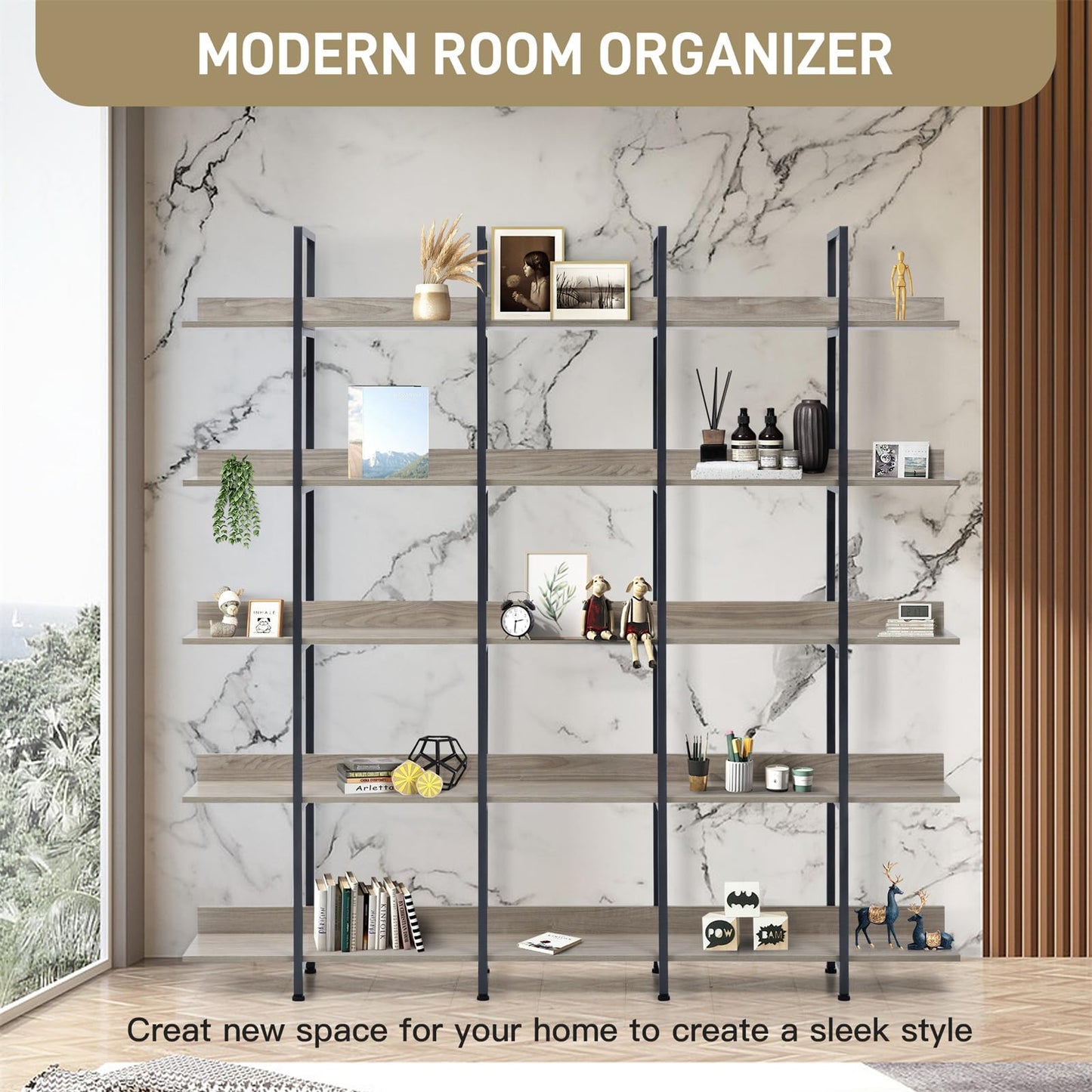 LKJYBG 5-Tier Bookcase with Metal Frame Vintage Open Bookshelf Industrial Style Book Case for Home Office Living Room Grey