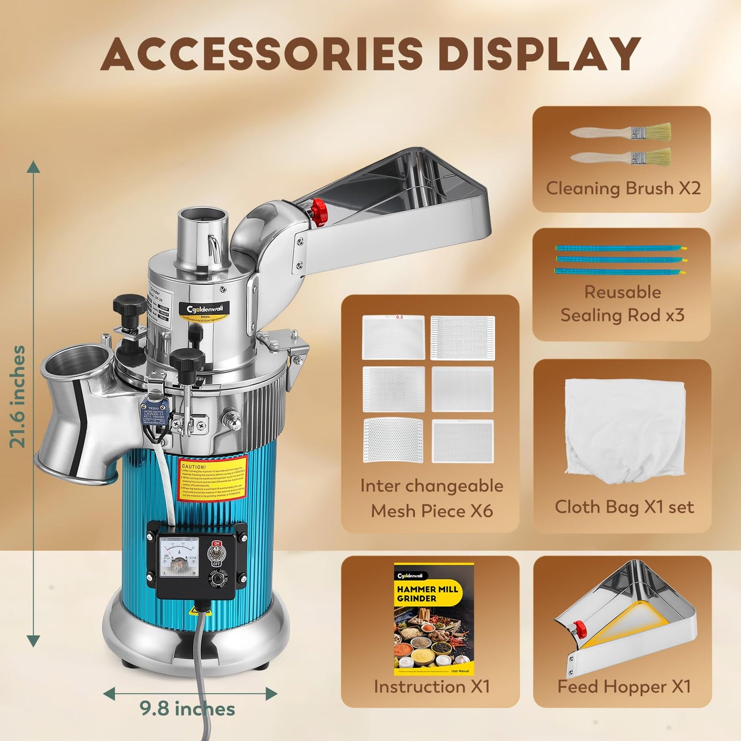 CGOLDENWALL DF-20 Hammer Mill Grinder Commercial Electric Herb Grinder Mill Industrial Automatic Continuous Spice Hammer Grain Mill Pulverizer Capacity 44 Pounds Per Hour 110V Rotate Speed 2840r/min