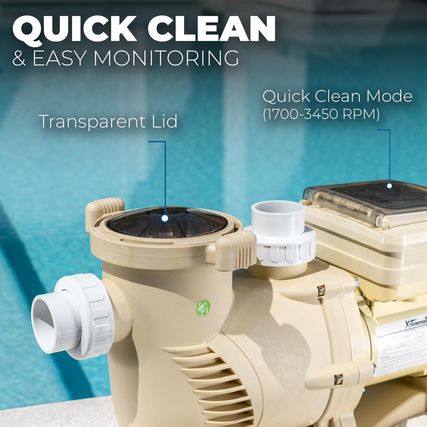 XtremepowerUS 2HP SuperFlow Variable Speed Swimming Pool Pump 230V, InGround 7,860 GPH 1.5" 2" Fitting Adapter, Self Priming Compatible EC-342001 Max 2.2HP