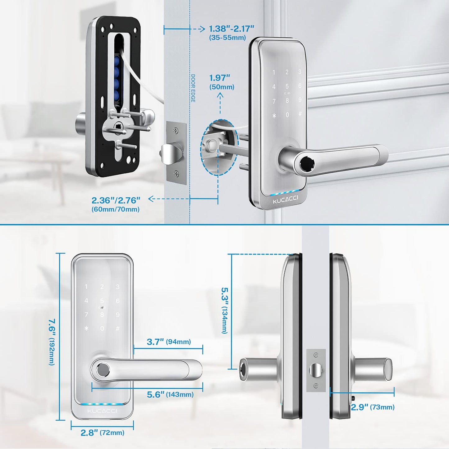 Keypad Smart Door Lock with Handle: Kucacci Keyless Entry Smart Lock for Front Door - Electronic Code for Exterior Door - Retrofit Knob Deadbolt Lock(Silver)