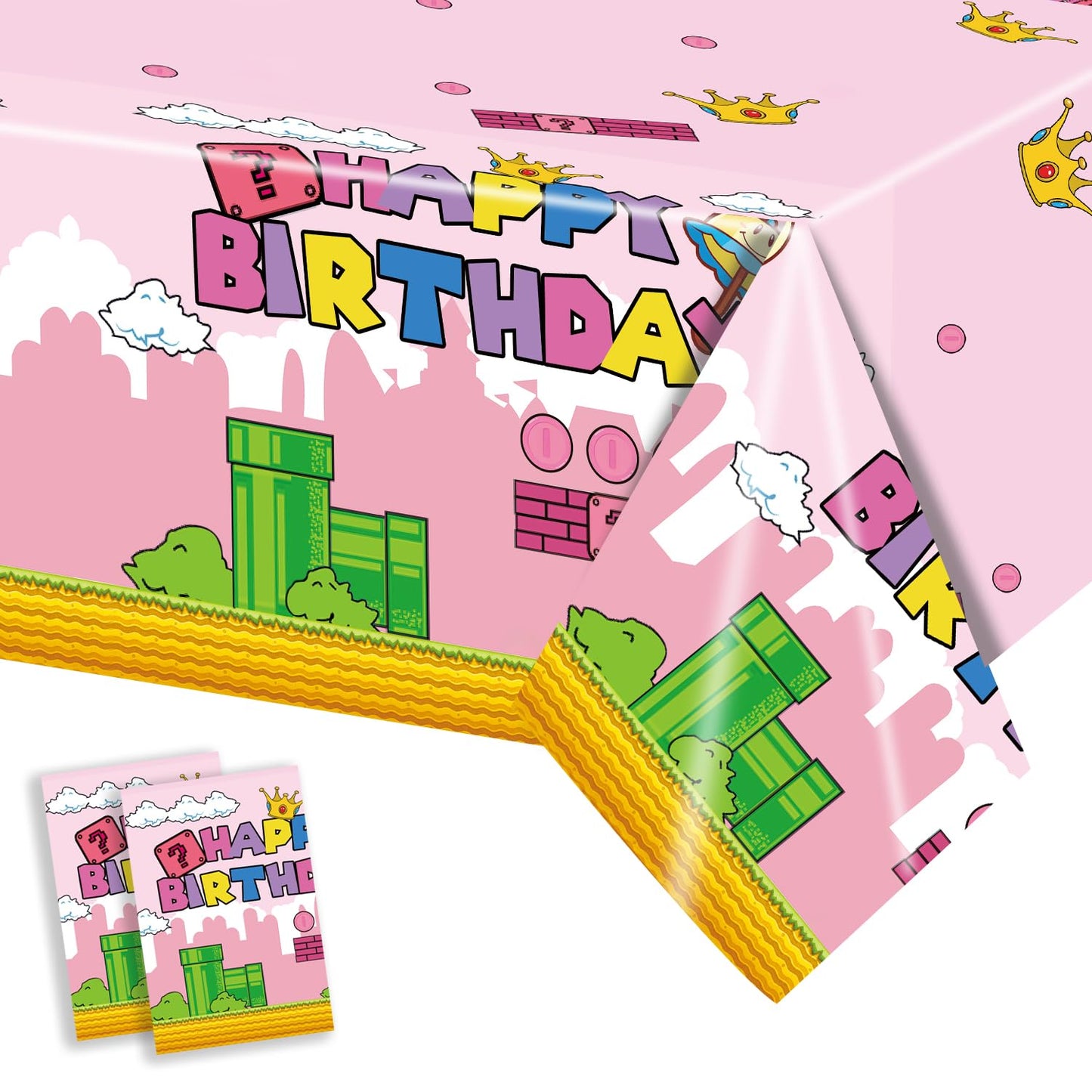 USERTEN 2Pcs Super Brothers Adventure Party Tablecloths 108 x 54 inches Video Game Theme Plastic Table Cloth Fits for Princess Peach Girl Birthday Party Decoration Pink Disposable Tablecover Supplies