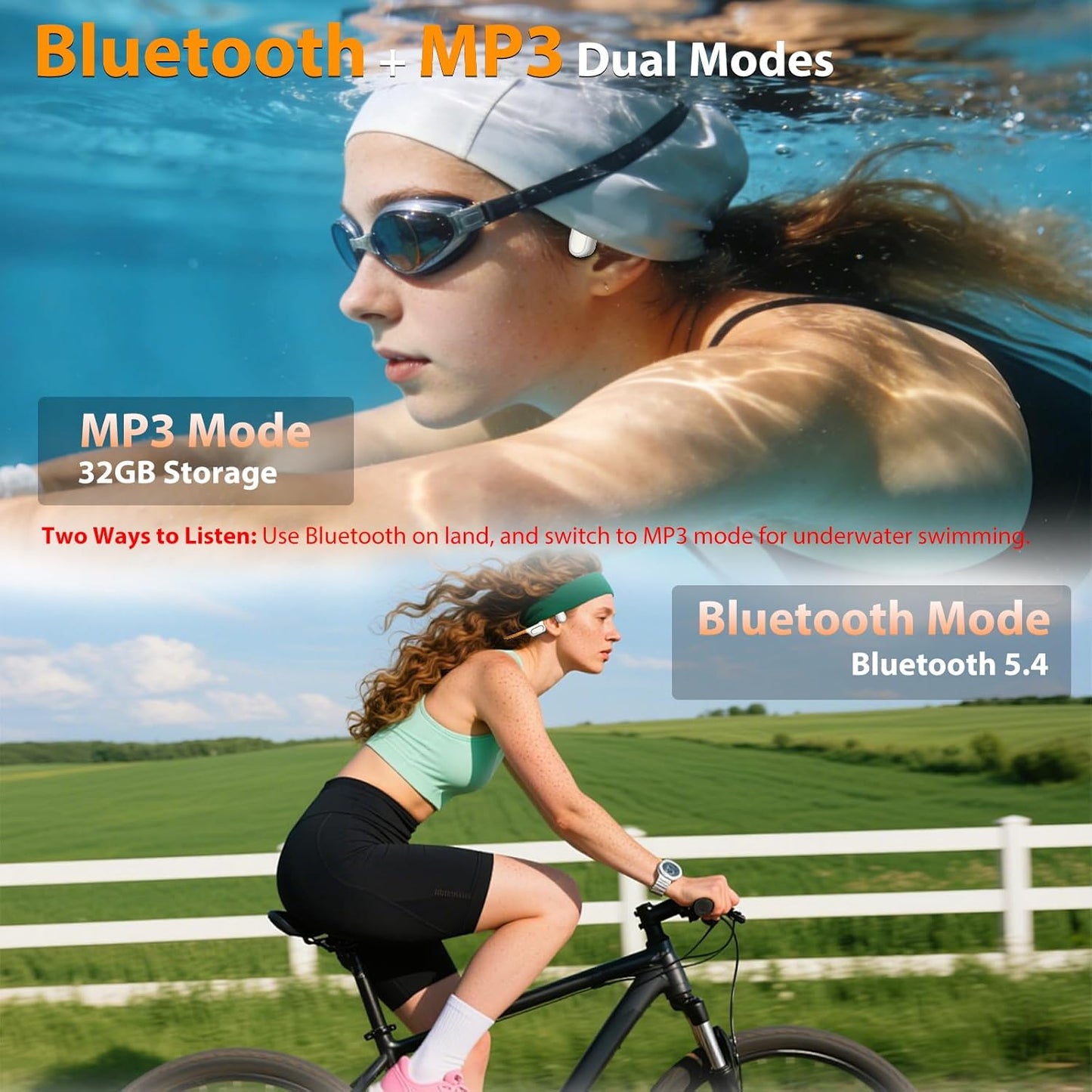 2026 IP68 Swimming 32GB MP3 Swimming/Marathon/Cycling(Orange Bone Conduction Bluetooth Headphones-SwimBeats, Waterproof