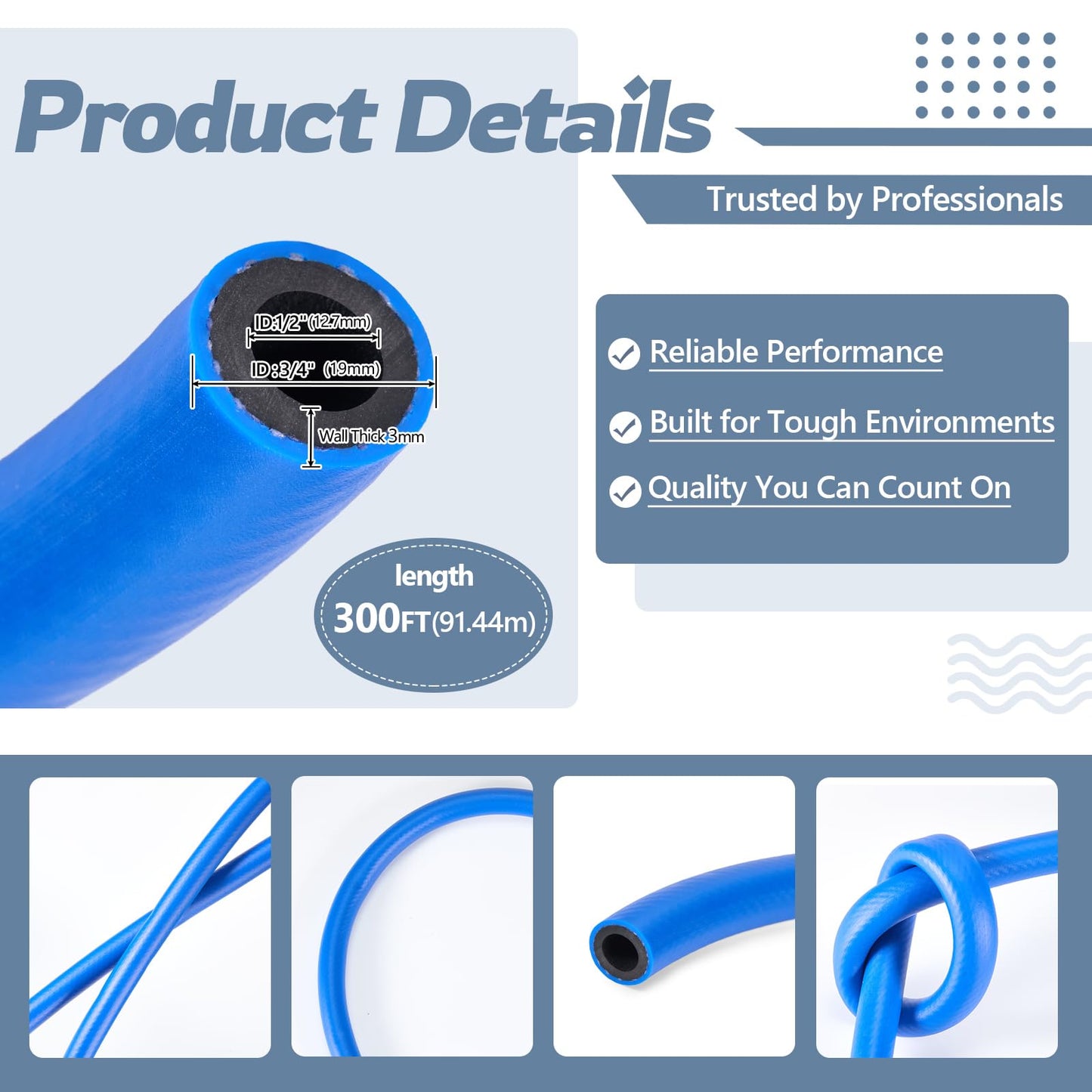 Klyyo Clyro 1/2 Inch PVC Air and Water Hose, ID 300 Psi Blue Hose for Air Compressors, Pneumatic Tools, Garden Watering, Industrial and Home Use(300ft)