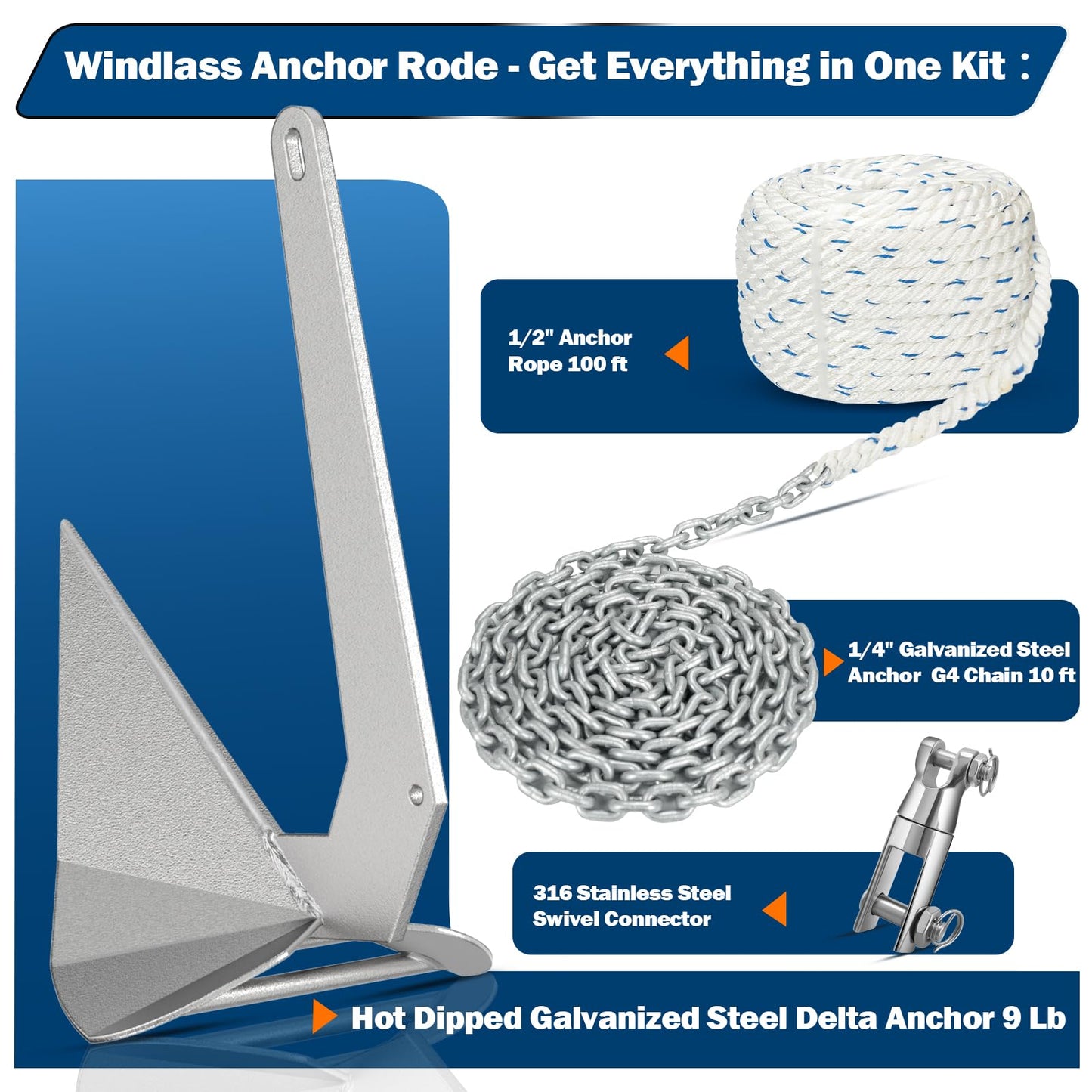 FUCNEN Boat Anchor Kit Hot Dipped Galvanized Steel Delta Anchor 9 Lb,1/2 Anchor Rope 100ft,1/4 G4 Galvanized Steel Marine Anchor Chain 10ft & Swivel,Windlass Anchor Rode-Rope/Chain Boat Anchor System