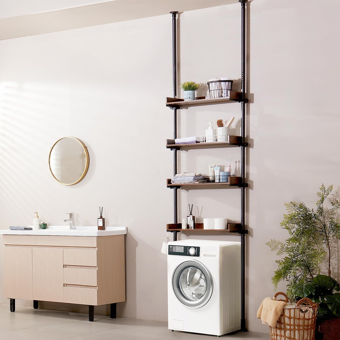 VEVOR Over the Toilet Storage, 4-Tier Adjustable Over Toilet Bathroom Organizer, Low-carbon Steel 53"-132" Tall Storage Shelf Rack, Easy Assembly Laundry Space Saver, for Small Rooms, Fit Most Toilets