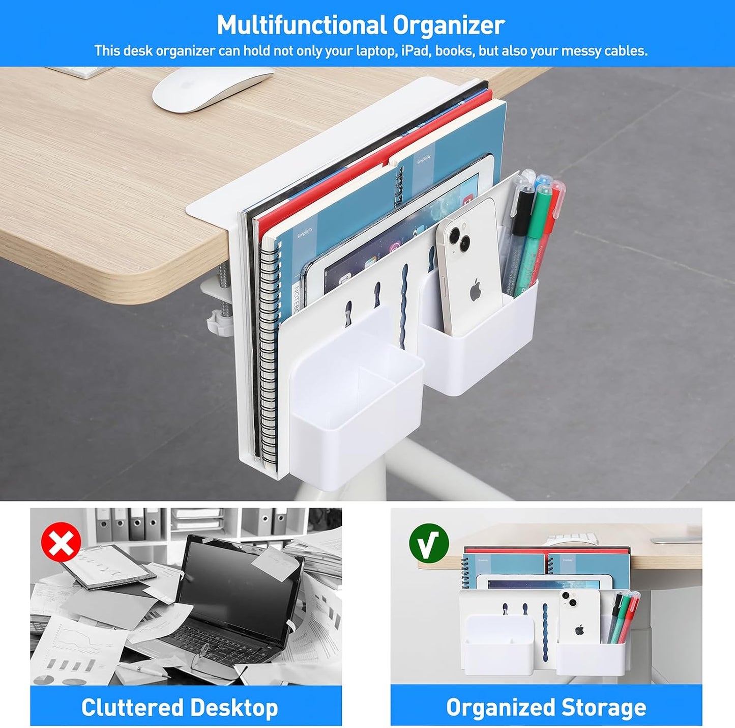 22 Lbs MAXECHO Desk Side Storage, Under Desk Laptop Mount, Table Side Hanging File Organizer, No Drill Clamp On Cable
