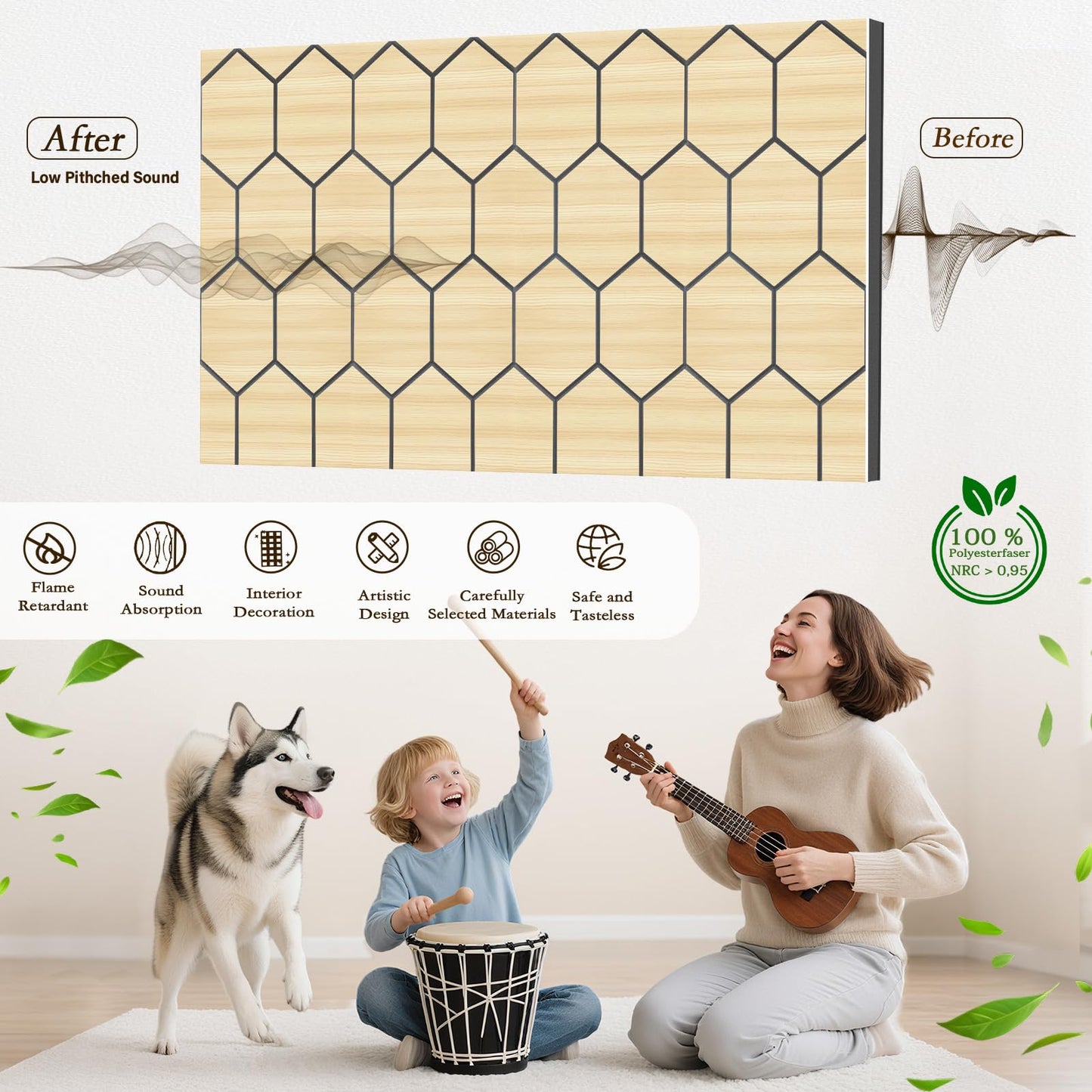 4Pack Acoustic Wall Panel Self-Adhesive Soundproof Foam Panels for Wall, 3D Perforated Tri-Layer Polyester Fiber Decorative Acoustic Insulation for Recording Studio, Office, Home, 24×12×1.78", Hexagon