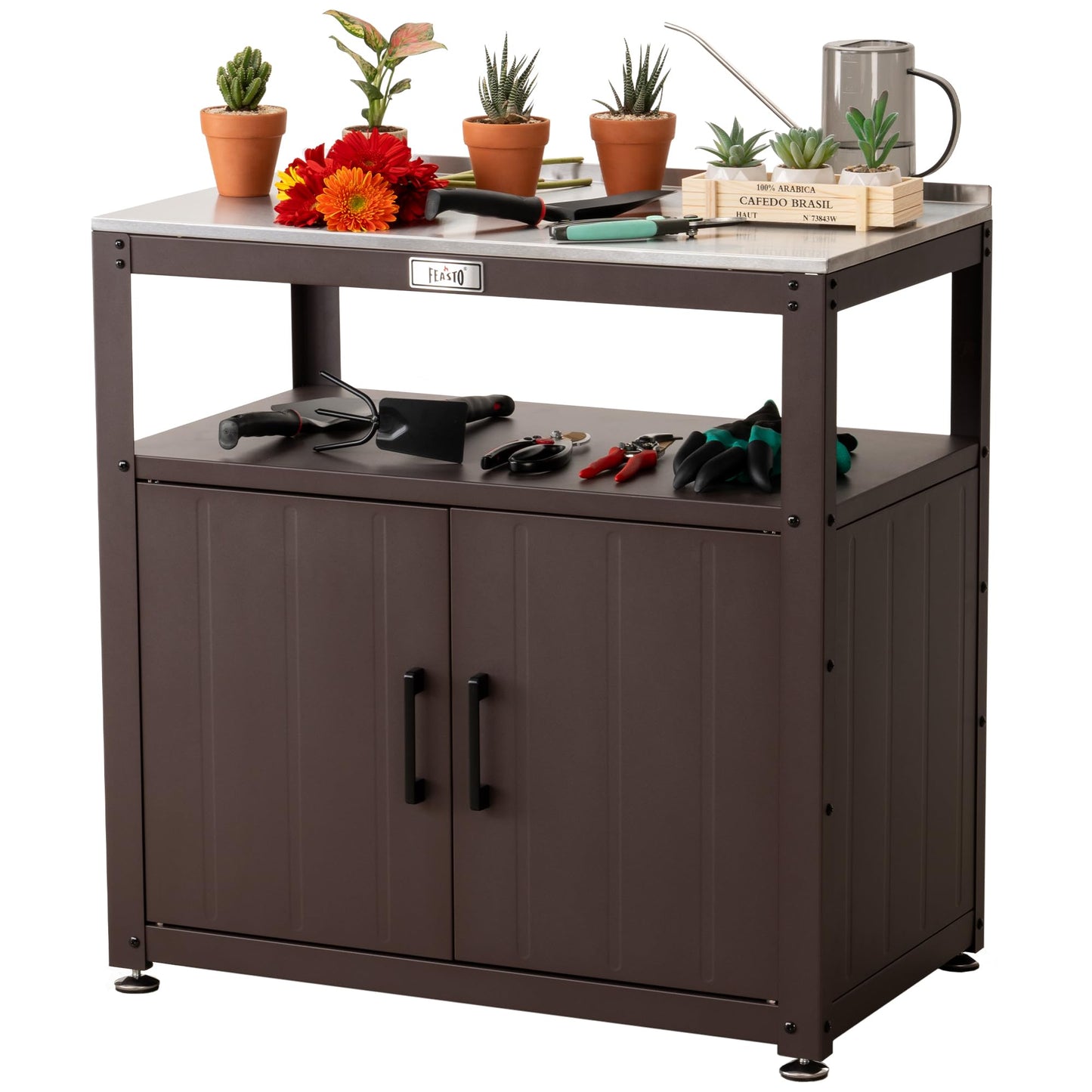 Feasto Outdoor Potting Bench with Storage, Stainless Steel Tabletop Garden Work Bench with Storage Cabinet & Removable Inner Shelf for Patio Lawn Outdoor Gardening