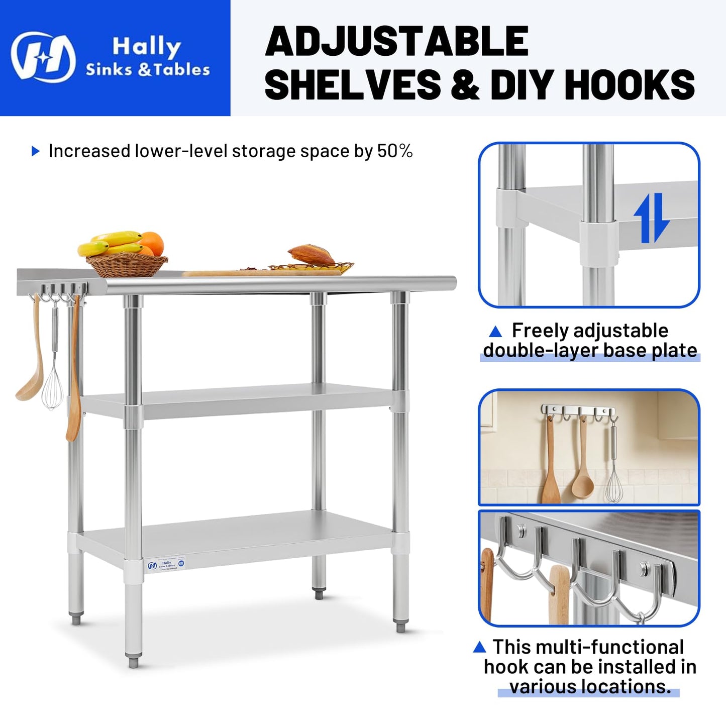 Hally 24 x 36 Inch Stainless Steel Prep Table with Backsplash, NSF Certified, 2 Adjustable Undershelves and Removable Hook for Kitchen, Restaurant, Garage