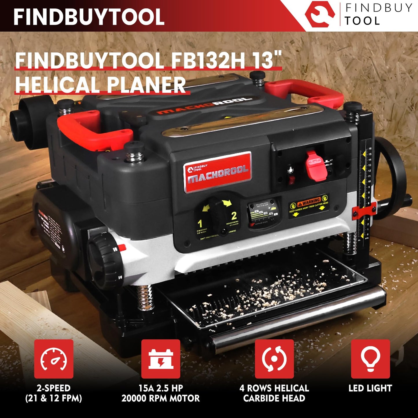FINDBUYTOOL 13-Inch Thickness Planer with Helical Cutterhead - 2.5HP Motor, 2-Speed (21/12 FPM), 40 Carbide Inserts, Precision Depth Adjustment, Dust Port, LED Light- Professional Woodworking Tool