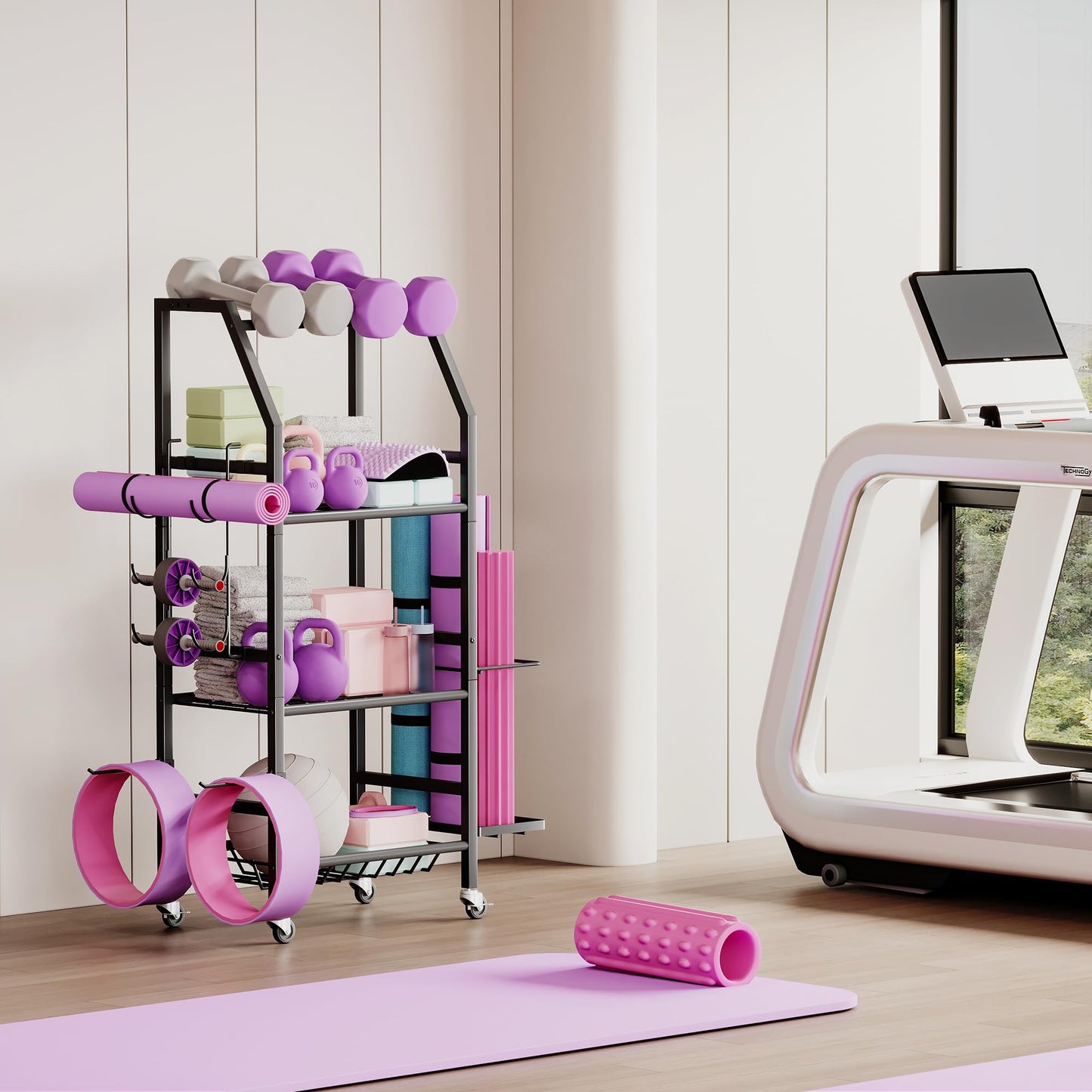 Homeiju Dumbbell Rack, 4 Tier Weight Rack for Home Gym, Yoga Mat Storage Holder with Lockable Wheels, Dumbbell Stand with Hooks, All in One Work out Equipment Storage for Yoga Mat Dumbbell and Balls