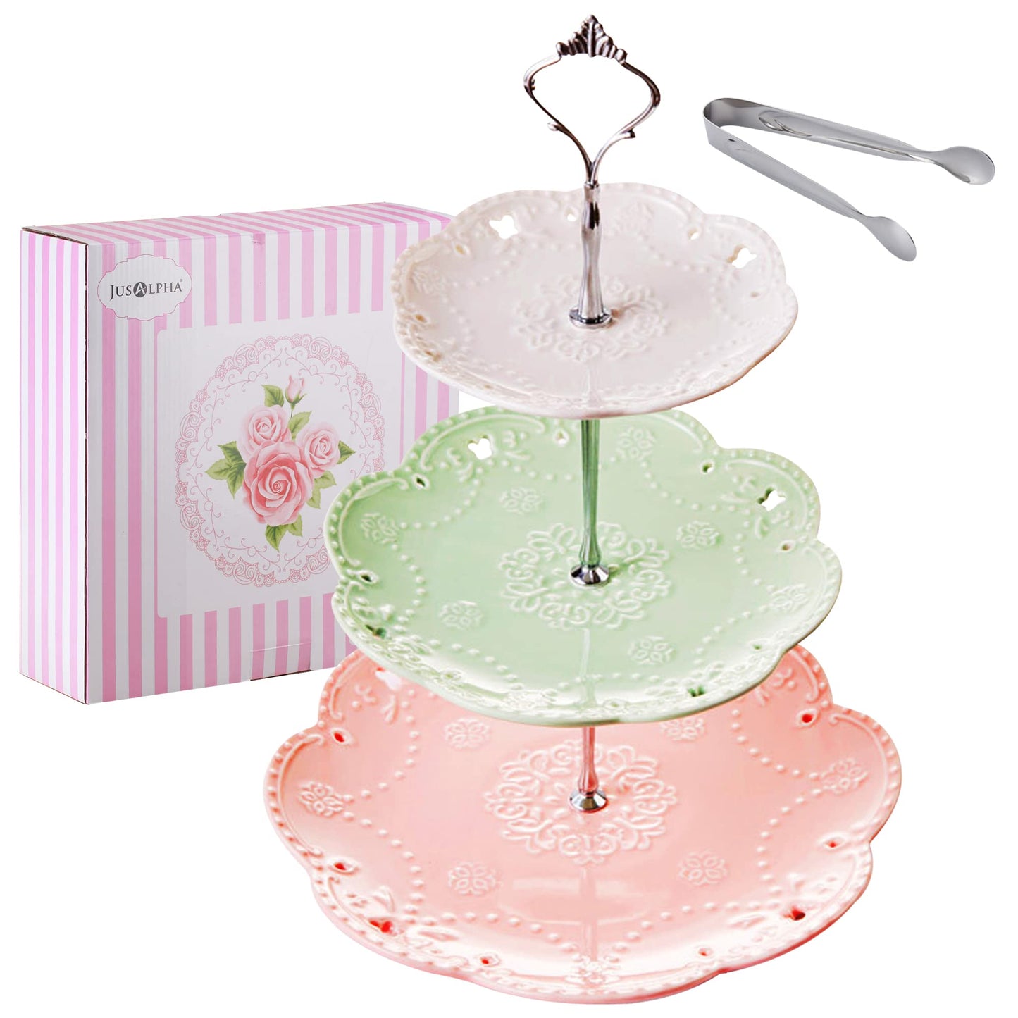 Jusalpha® 3-Tier Porcelain Cake Stand-Dessert Stand-Cupcake Stand-Tea Party Serving Platter, Comes in a Gift Box- Free Sugar Tong,3 Color (Silver)
