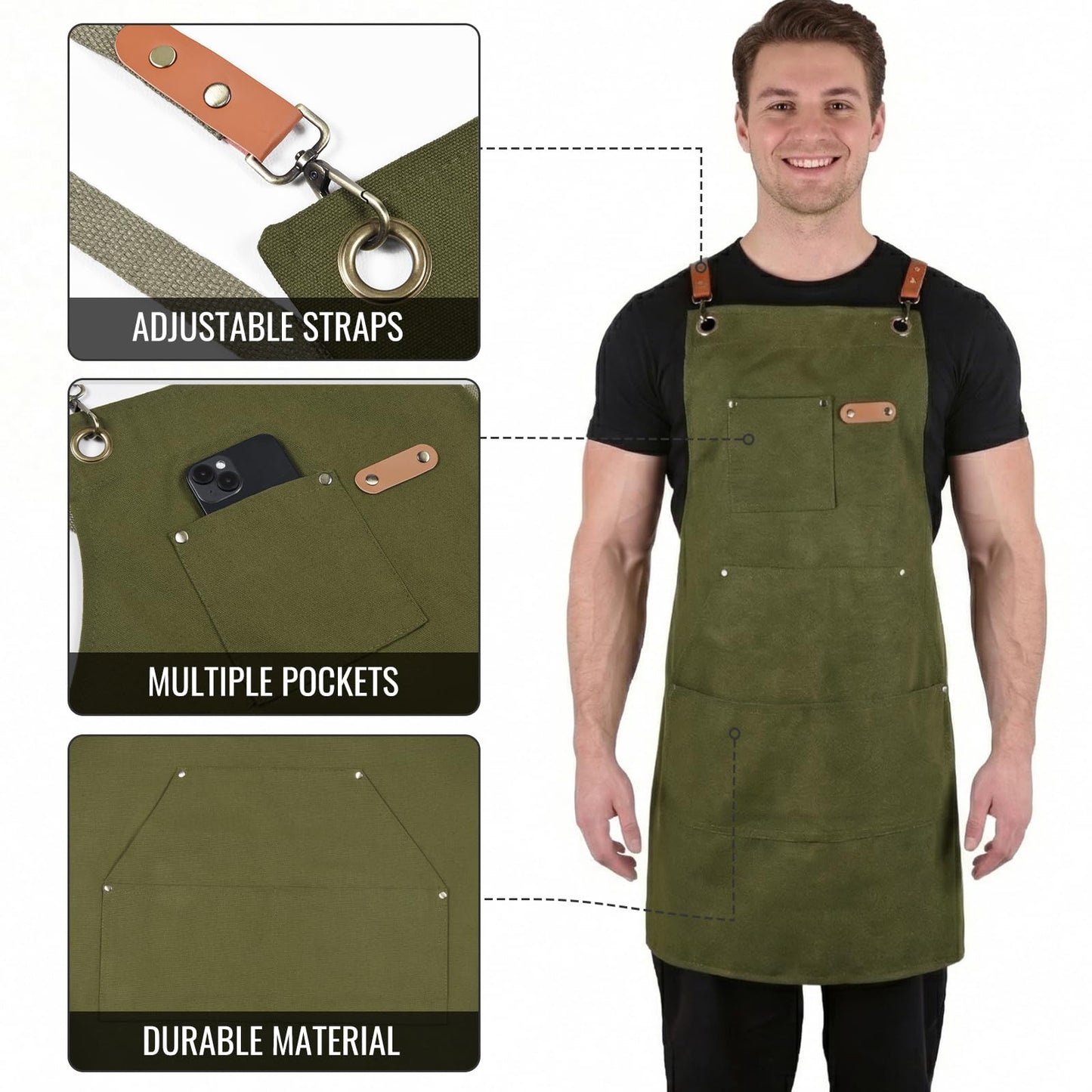 HYVOROS Chef Apron for Men Women with Straps,Canvas apron with pockets, Adjustable, Durable, and Stylish Aprons for BBQ Kitchen (Olive Green)