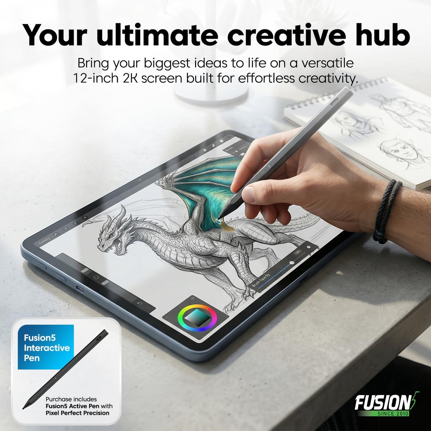 Fusion5 2026 Version 12" 2K Display Windows 11 Tablet PC with Stylus Pen - Built in USA - 12GB DDR5 RAM 512GB SSD, 13th Gen CPU, 12 inch Windows Tablet Computer, Built-in Fan, Fast Charging, Metallic