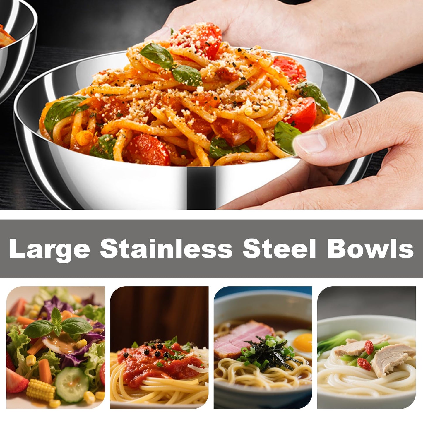 LANGMINGDE 304 Stainless Steel Pasta Bowls, 47oz Double Walled Insulated Soup & Salad Bowls Unbreakable, 8.7" Large Cereal/Ramen/Udon/Noodle/Pho Bowl Plates with Spoons & Forks, Dishwasher Safe