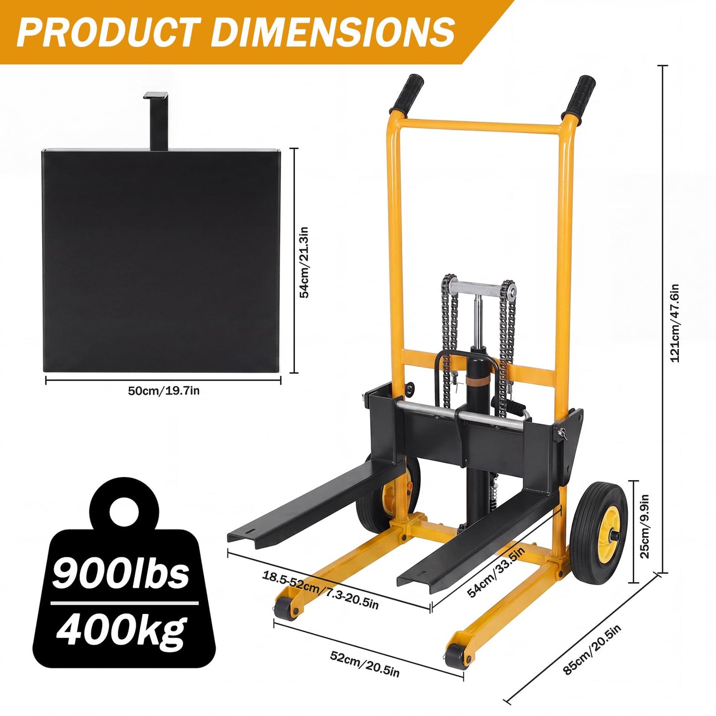900 lb Hydraulic Material Lift Stacker, Manual Pallet Truck Dolly with Lift Table, 40" Max Lift Height, Steel Fork Platform Cart with Swivel Casters for Warehouse & Industrial Use (Yellow & Black)